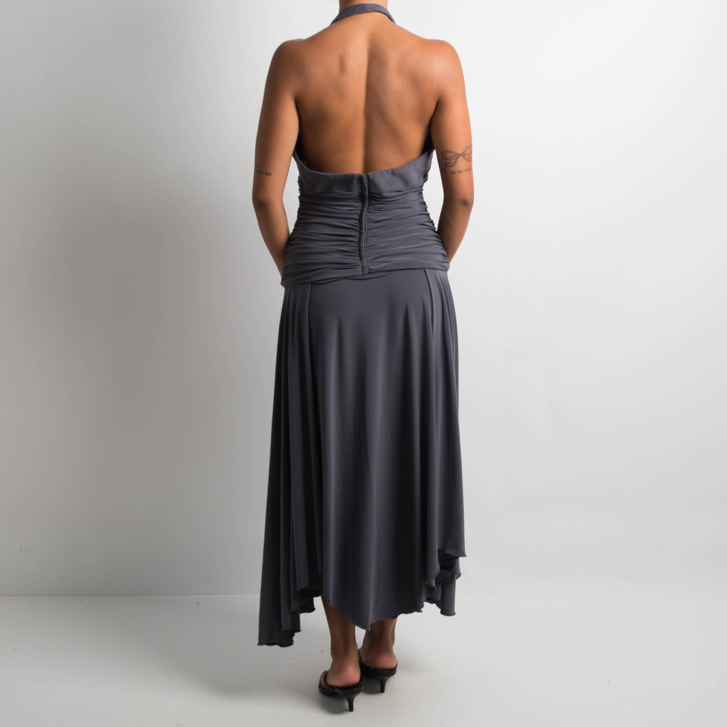 GREY RUCHED HALTERNECK DRESS