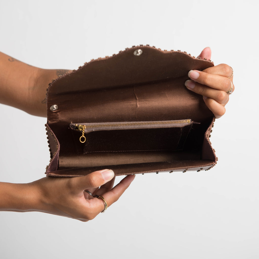 BROWN BEADED CLUTCH