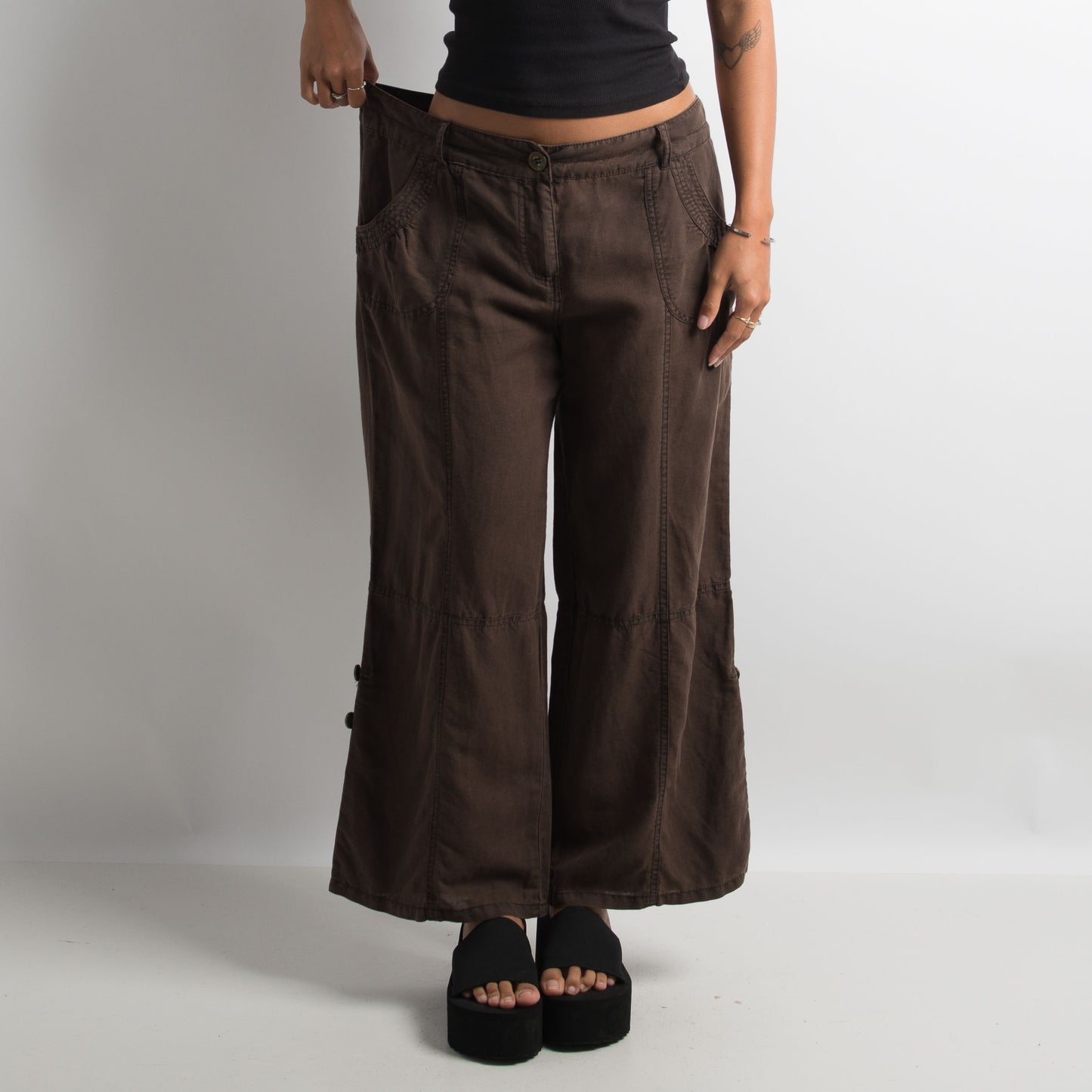 BROWN WIDE LEG LINEN PANTS