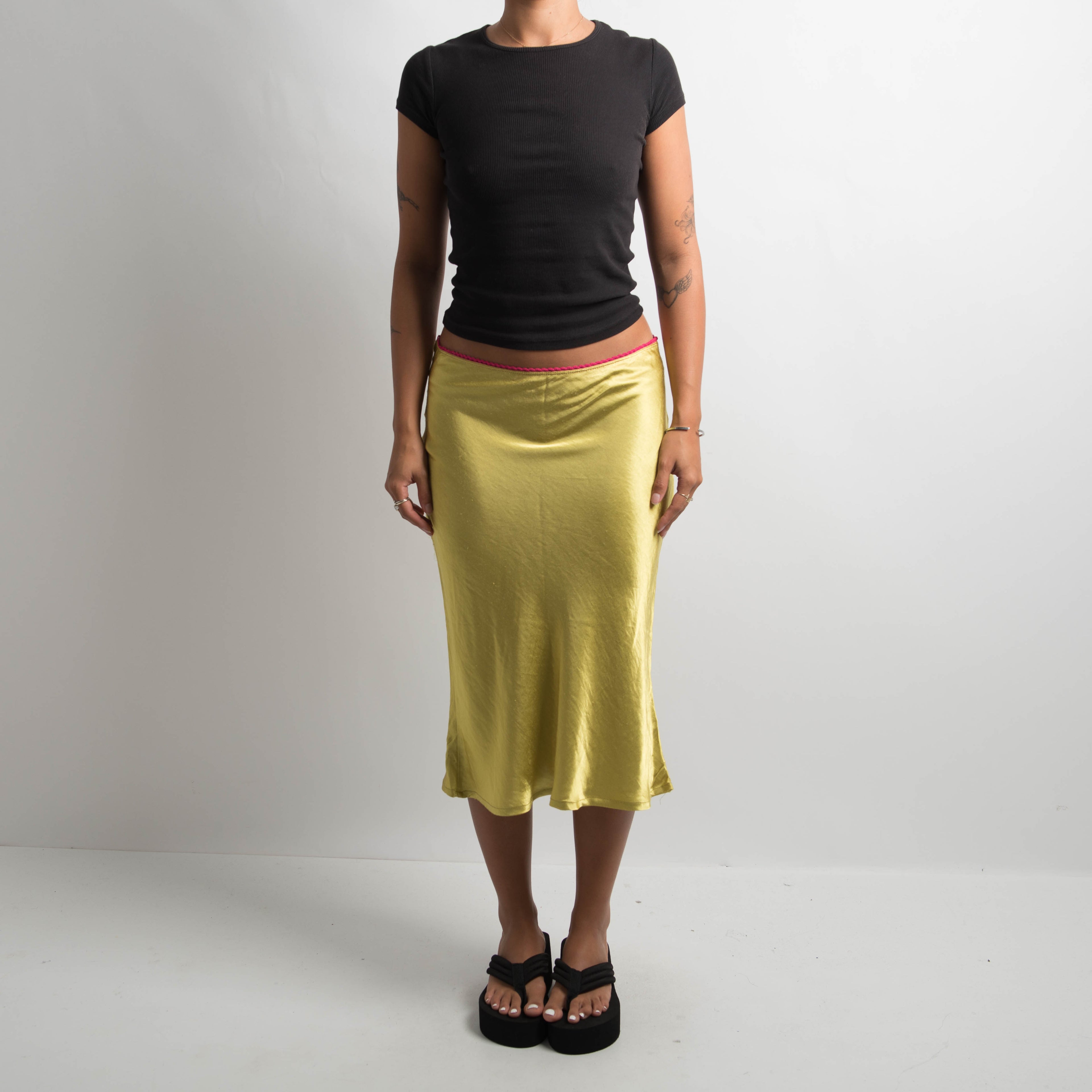 PINK TRIM SATIN MIDI SKIRT