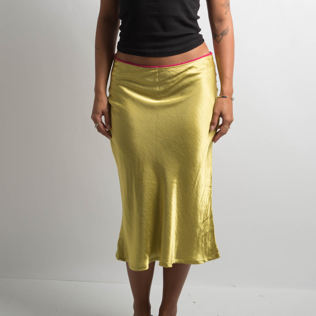 PINK TRIM SATIN MIDI SKIRT