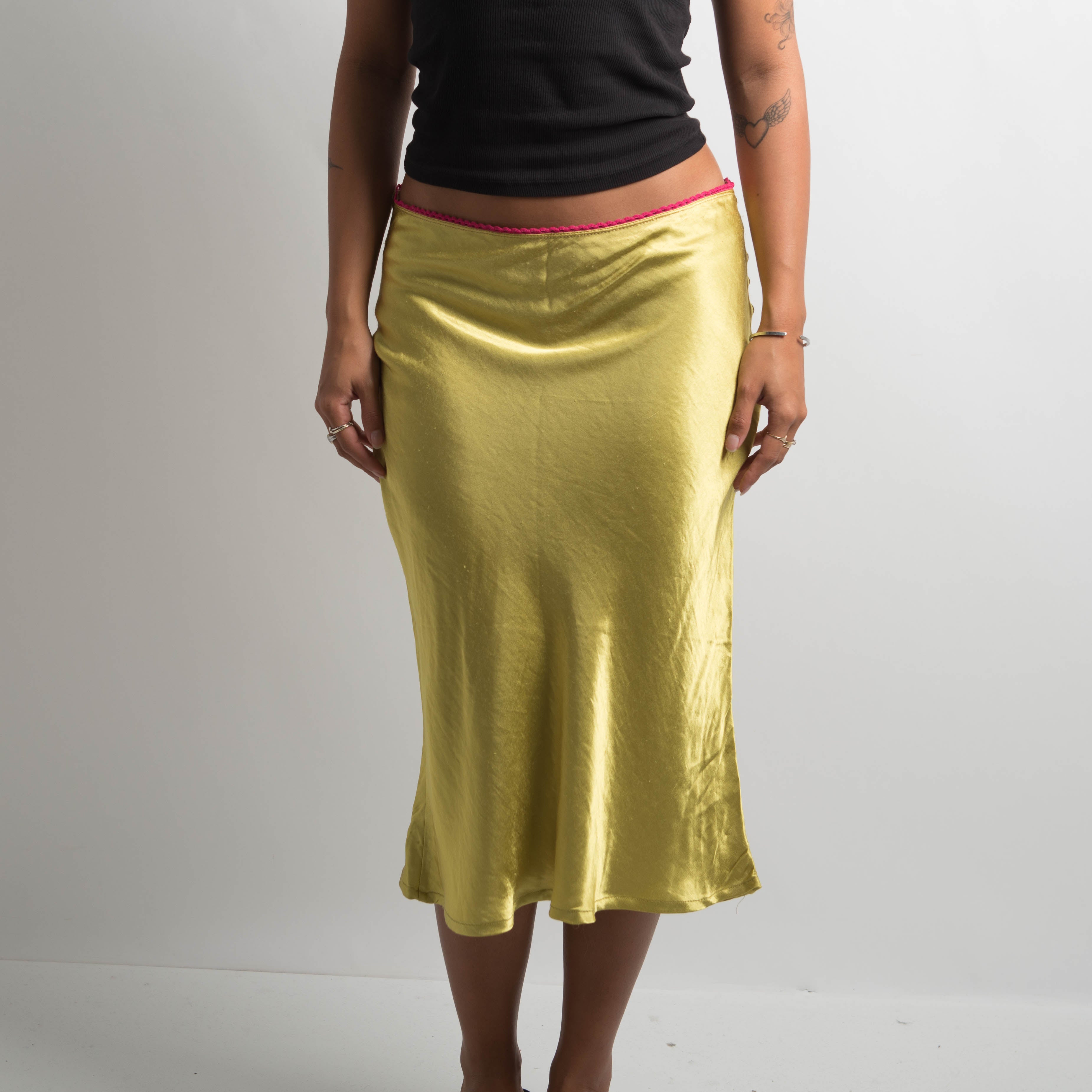 PINK TRIM SATIN MIDI SKIRT