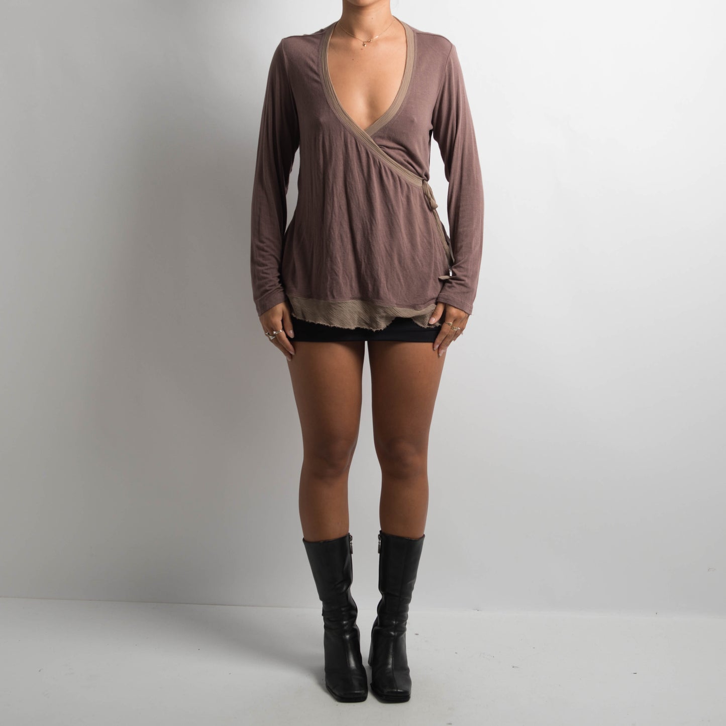 BROWN WRAP LONG SLEEVE TOP