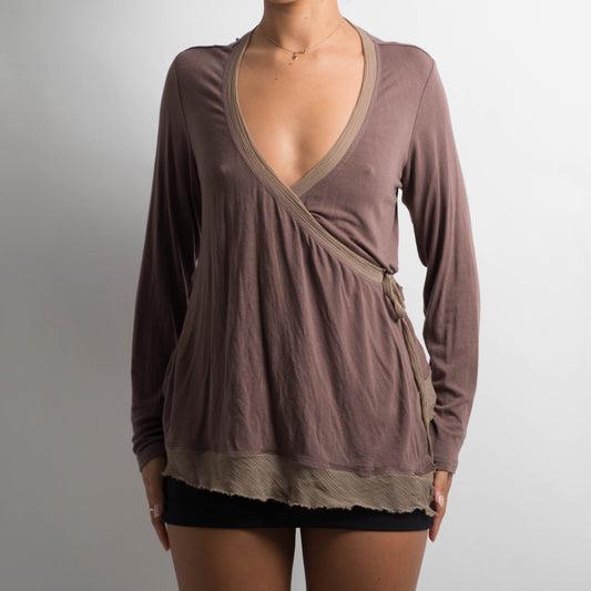 BROWN WRAP LONG SLEEVE TOP