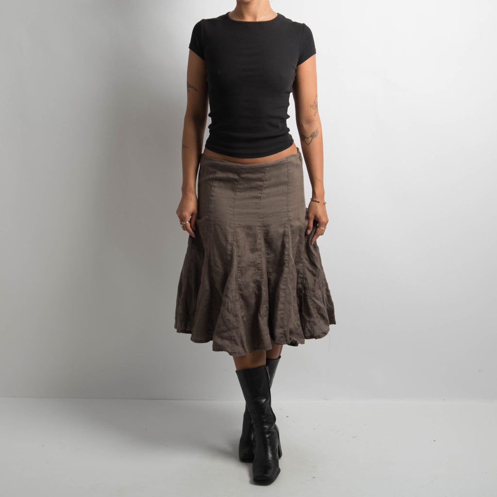 BROWN LINEN MIDI SKIRT