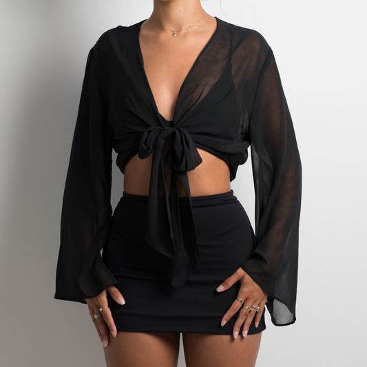 BLACK SHEER TIE FRONT LONG SLEEVE