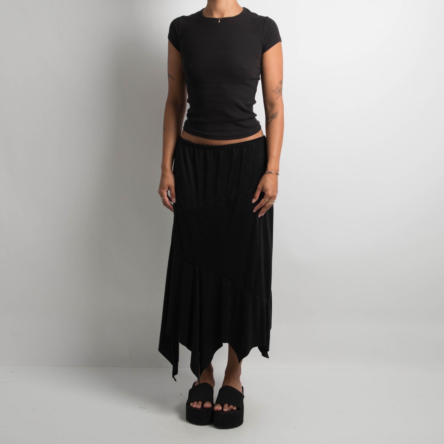 BLACK SUEDETTE ASYMMETRIC SKIRT