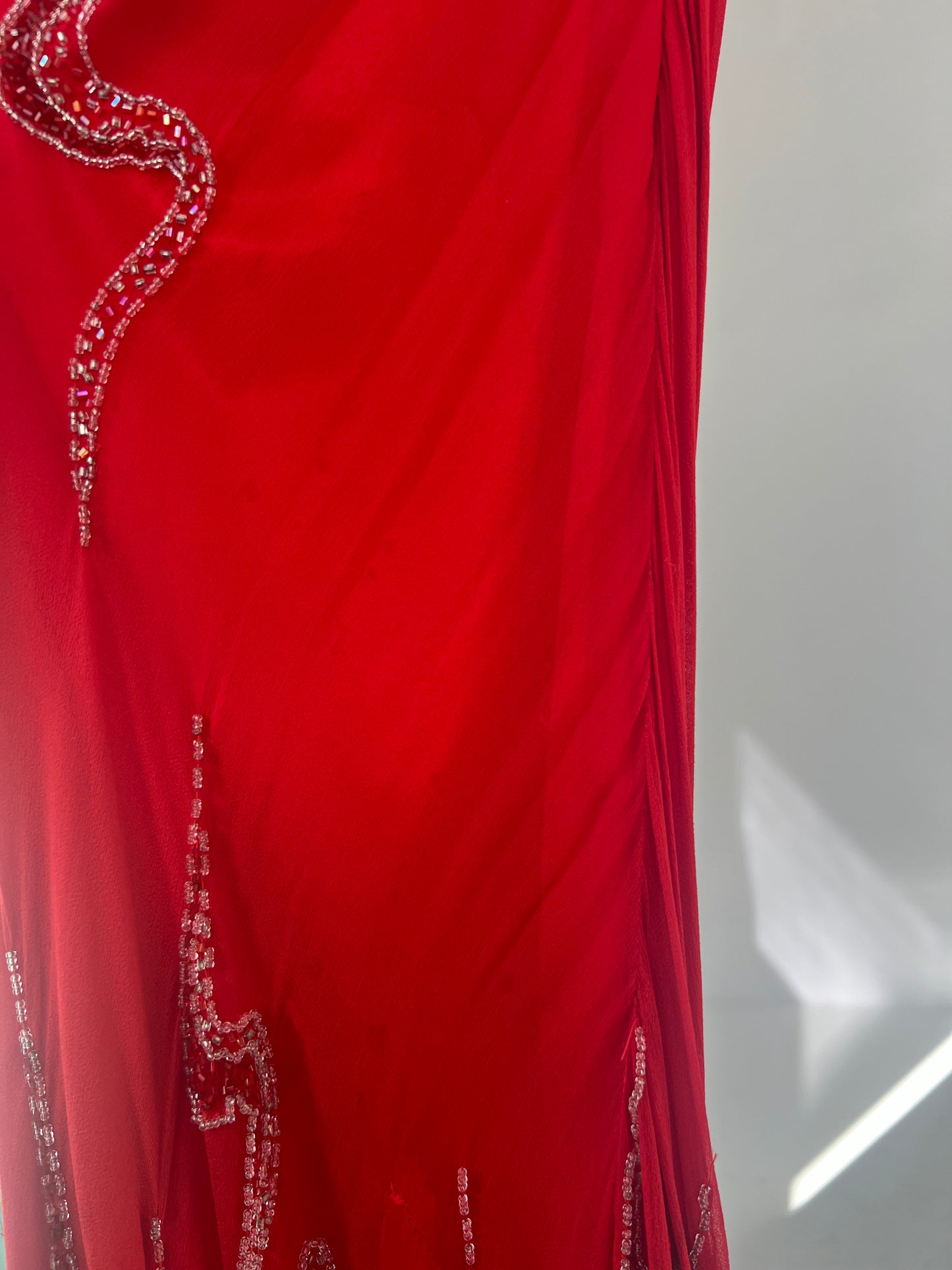 RED BEADED ASYMMETRIC DRESS