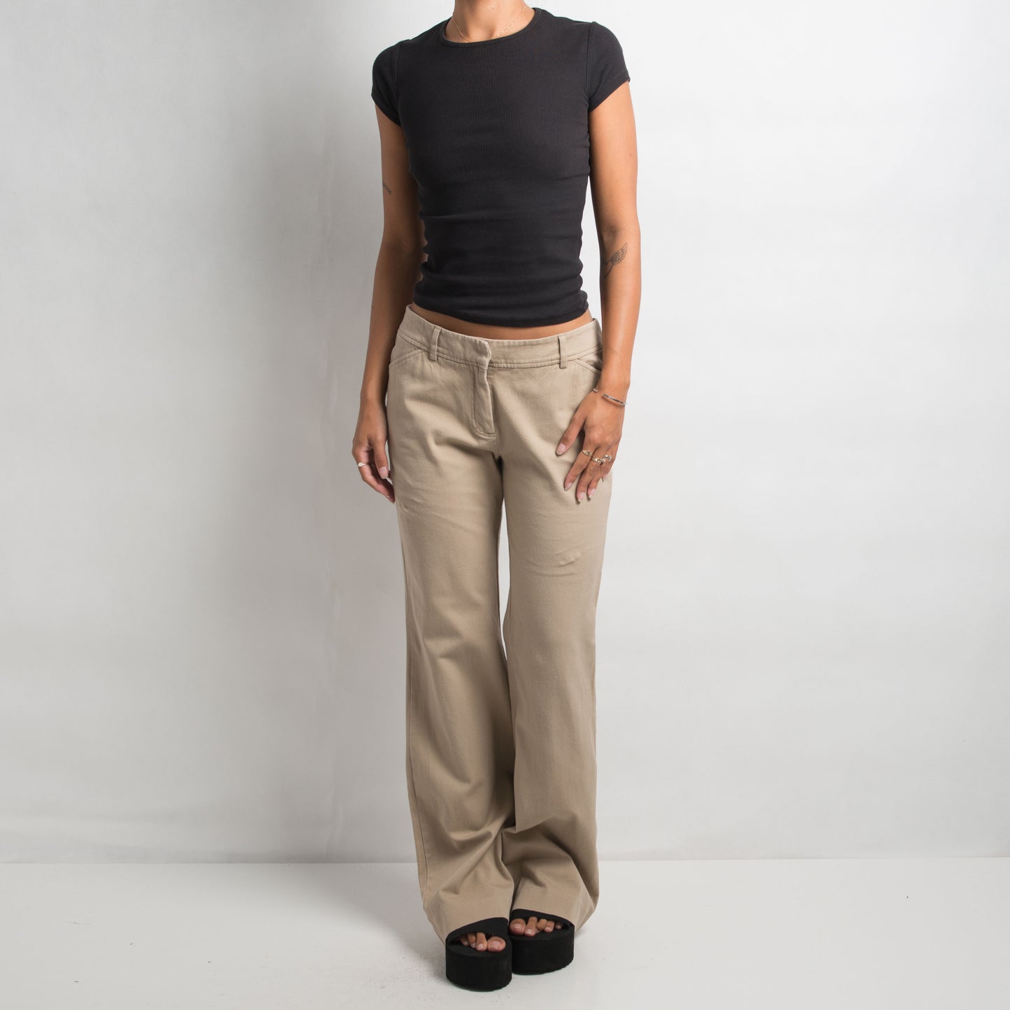 BEIGE COTTON BOOTCUT PANTS