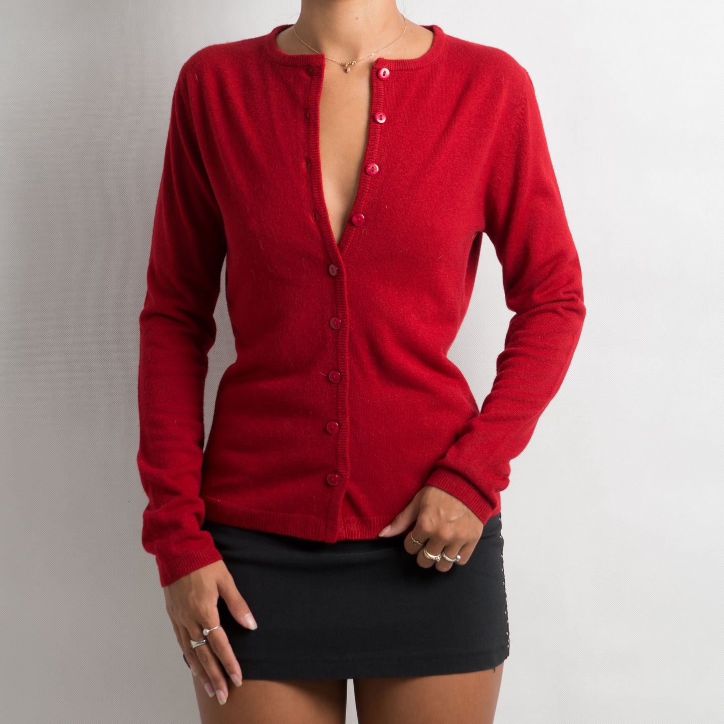 RED BUTTON FRONT CARDIGAN