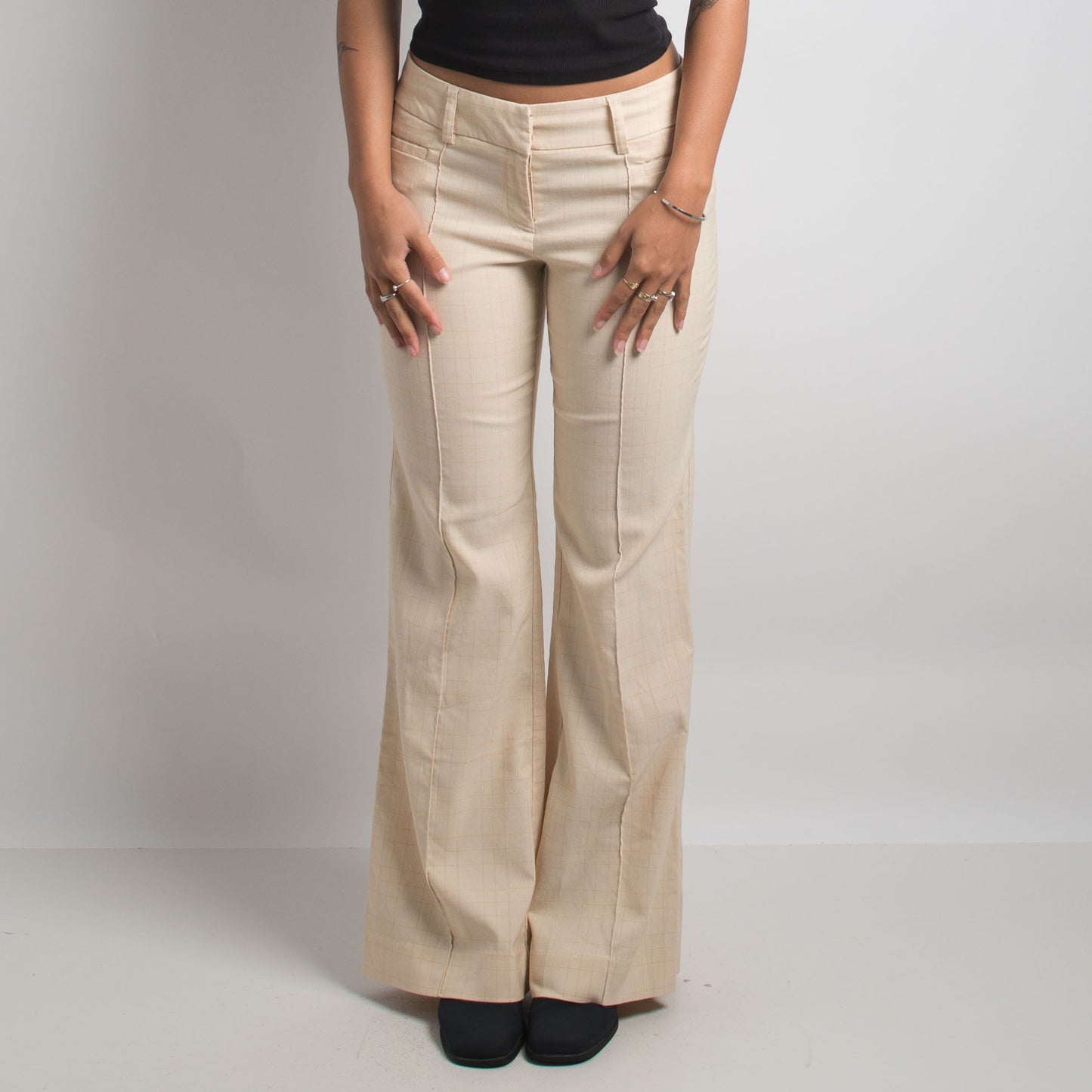 CREAM PATTERNED FLARED TROUSERS