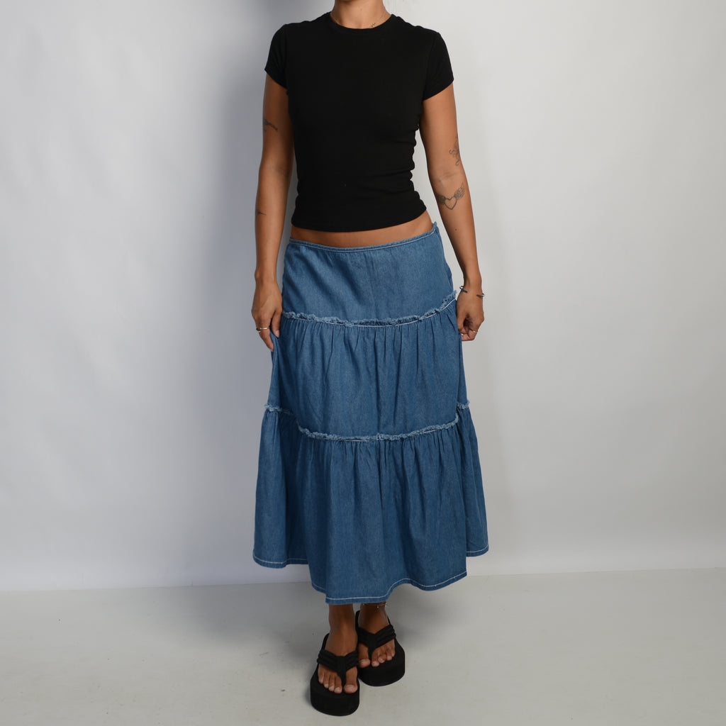 DENIM TIERED MIDI SKIRT