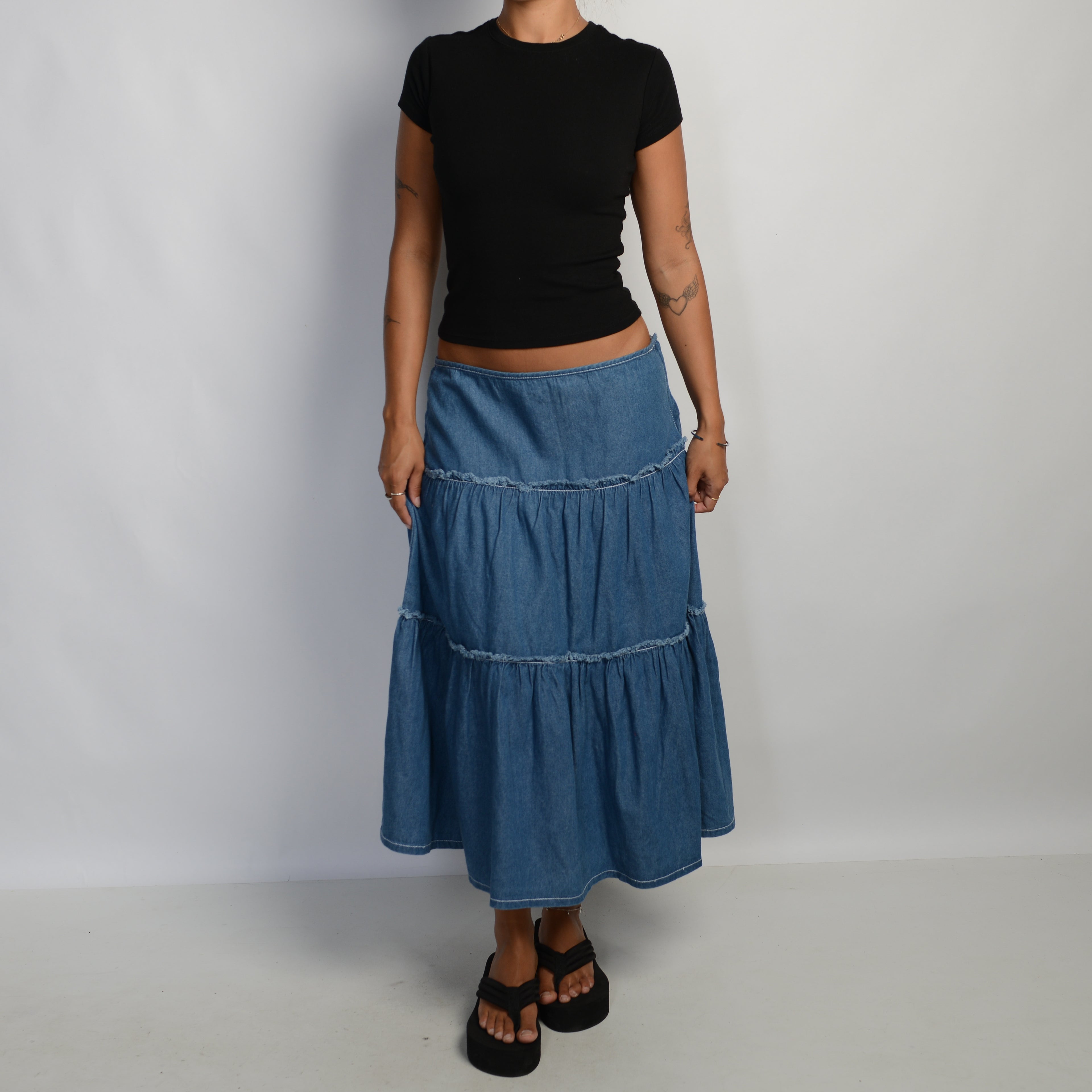 DENIM TIERED MIDI SKIRT