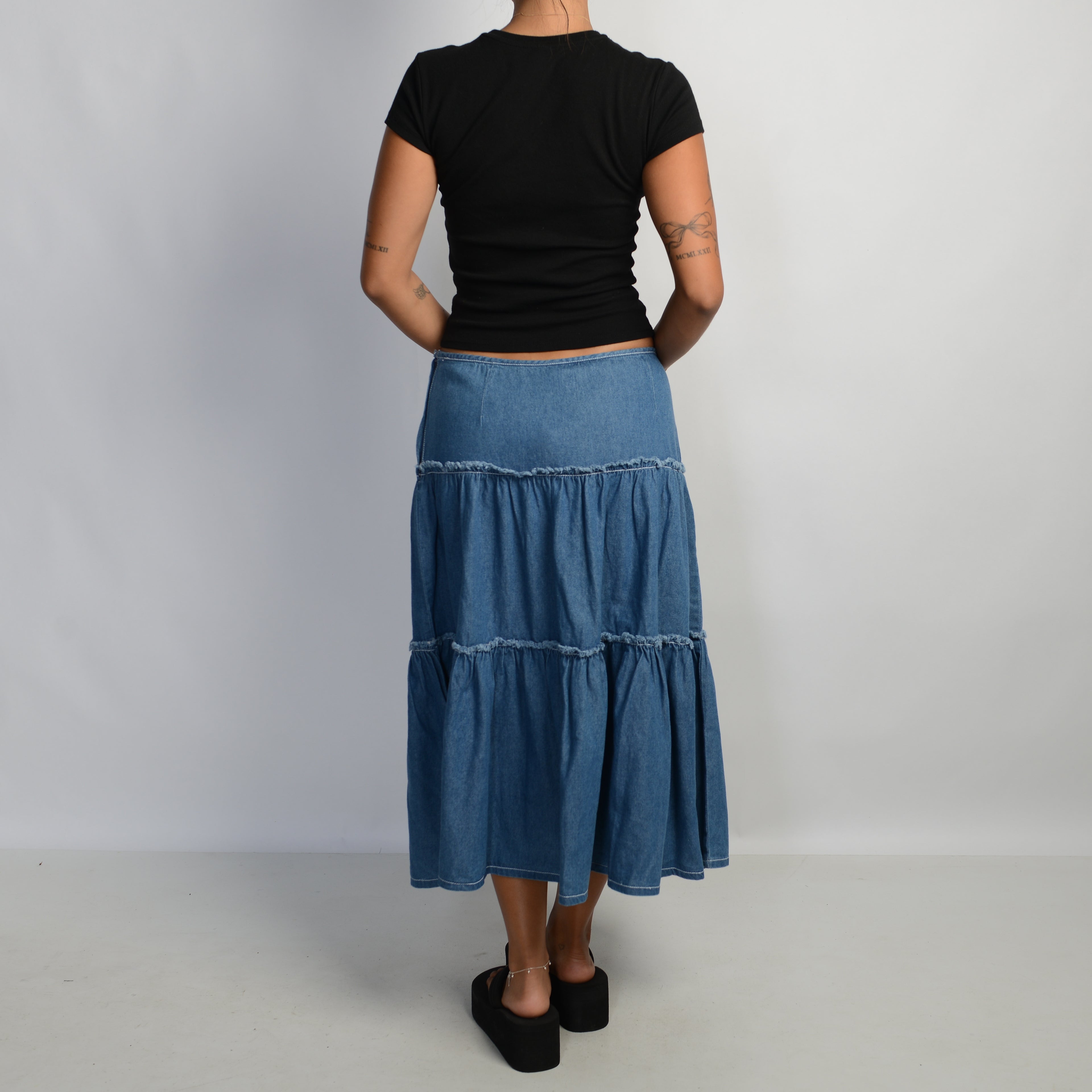 DENIM TIERED MIDI SKIRT