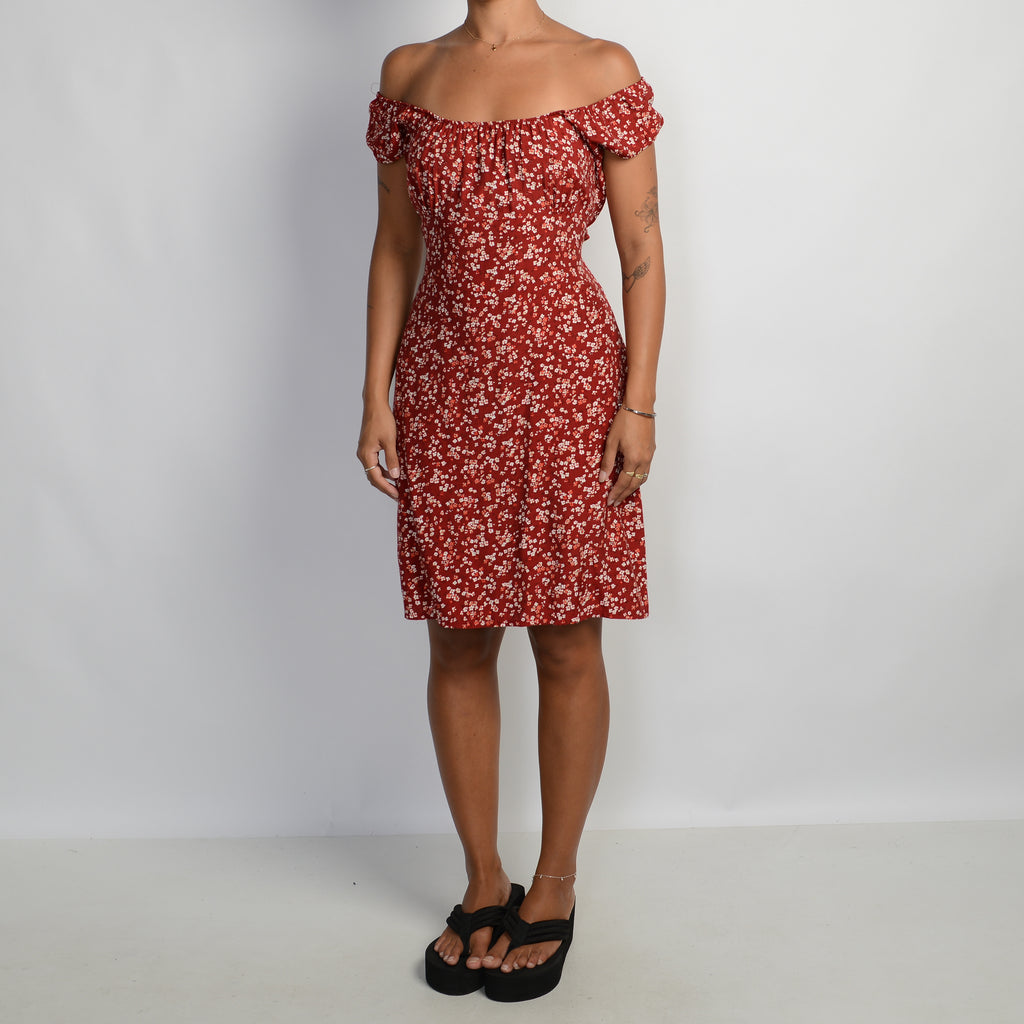 RED FLORAL MILKMAID DRESS