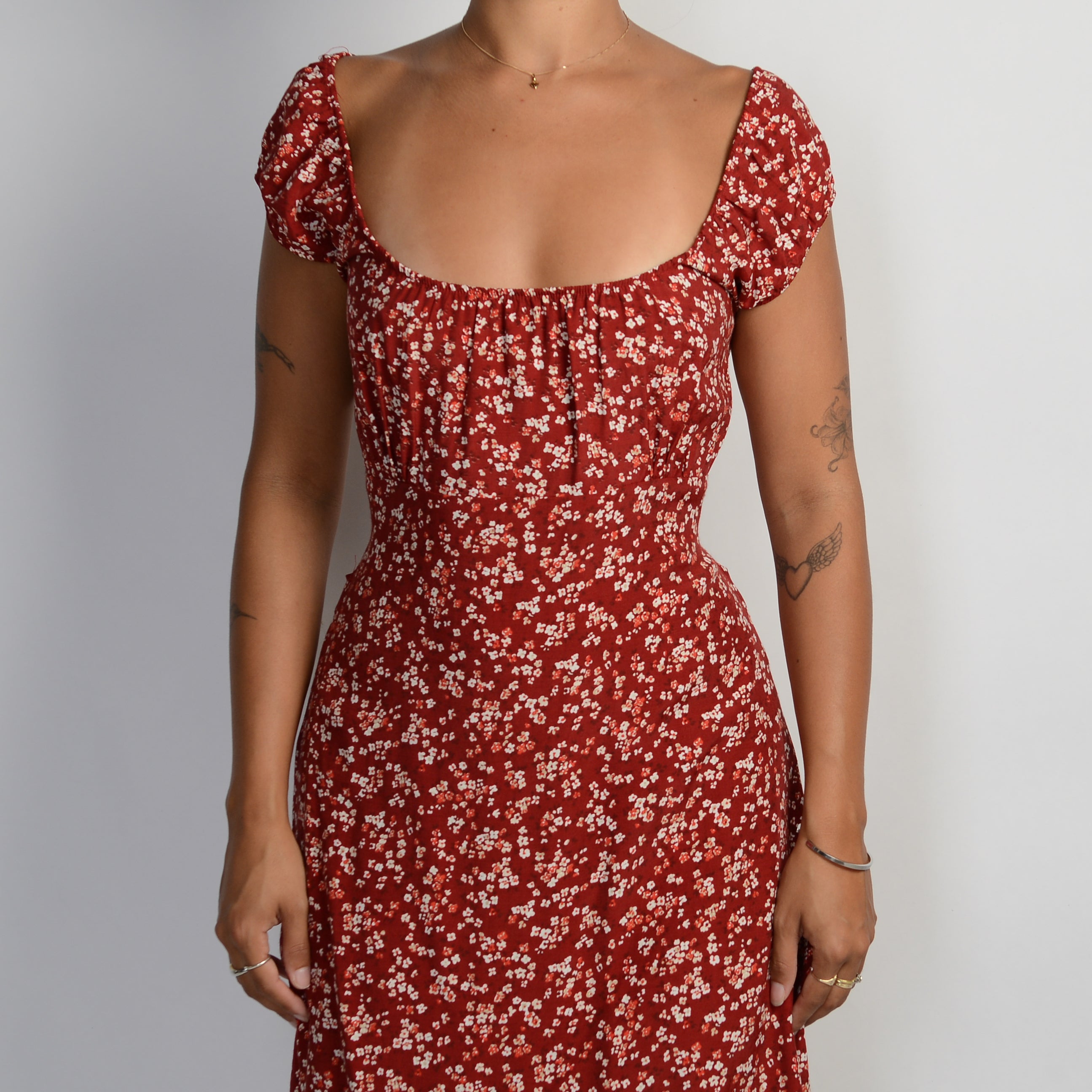 RED FLORAL MILKMAID DRESS
