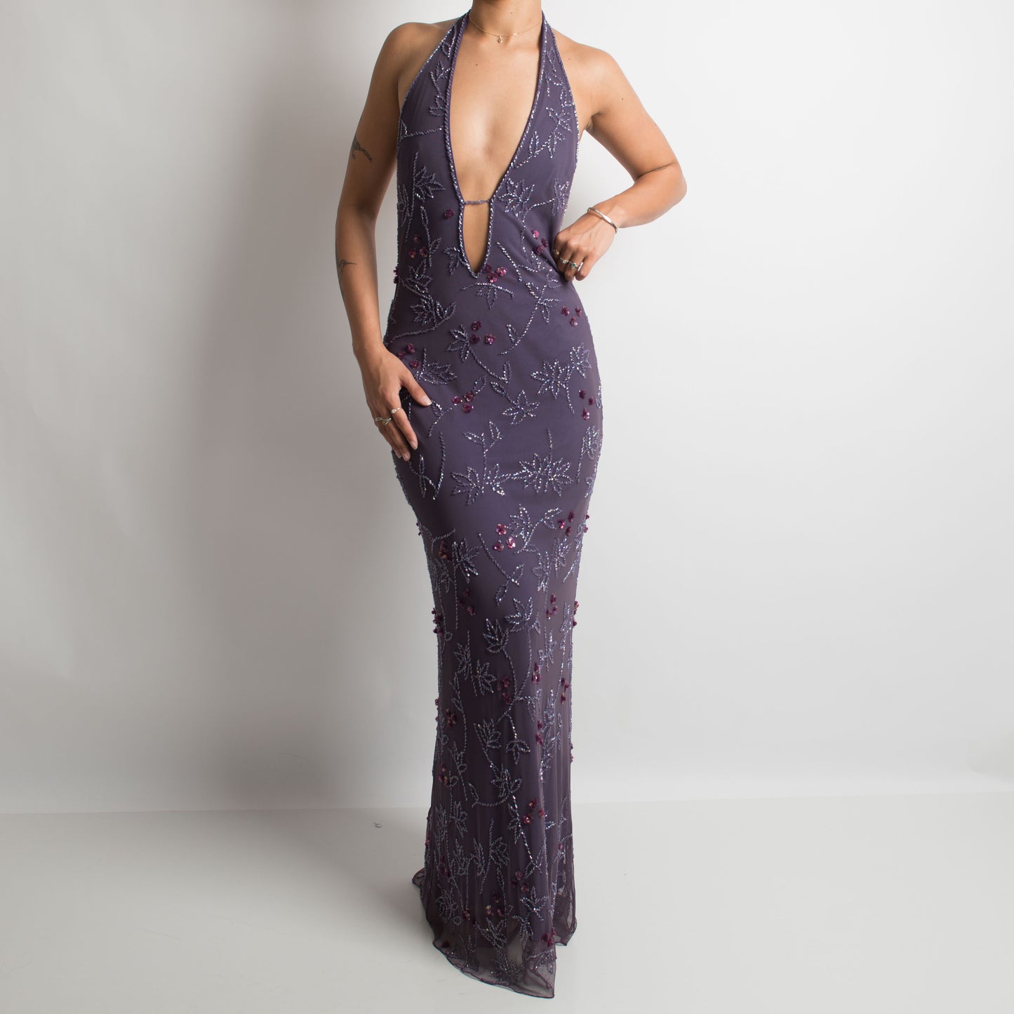 PURPLE BEADED HALTERNECK GOWN