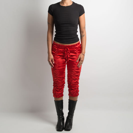 RED SATIN RUCHED CAPRI PANTS