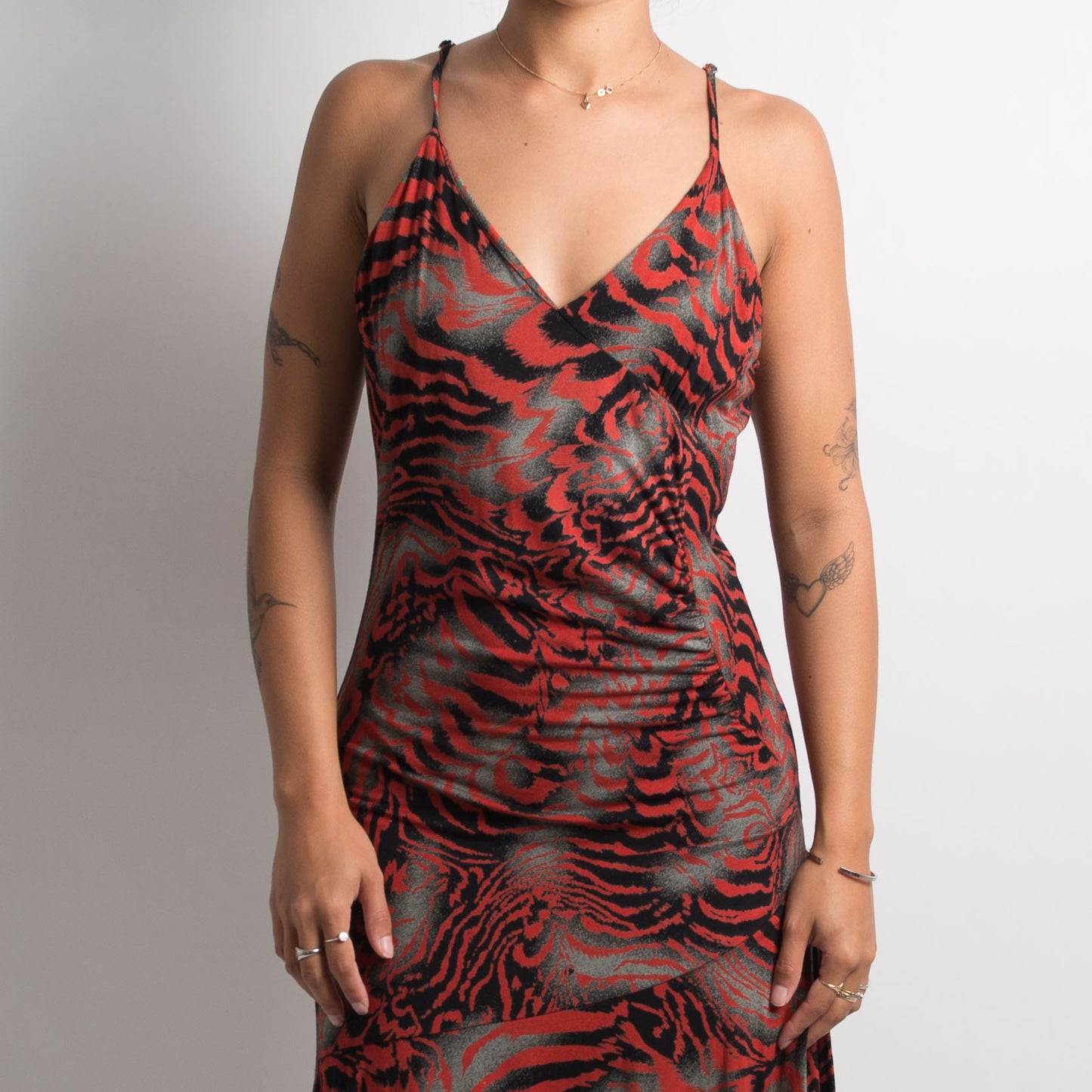 PATTERNED ASYMMETRIC MIDI DRESS