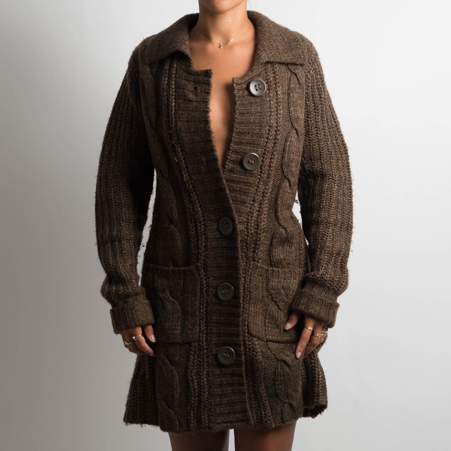 BROWN CHUNKY KNIT LONGLINE CARDIGAN