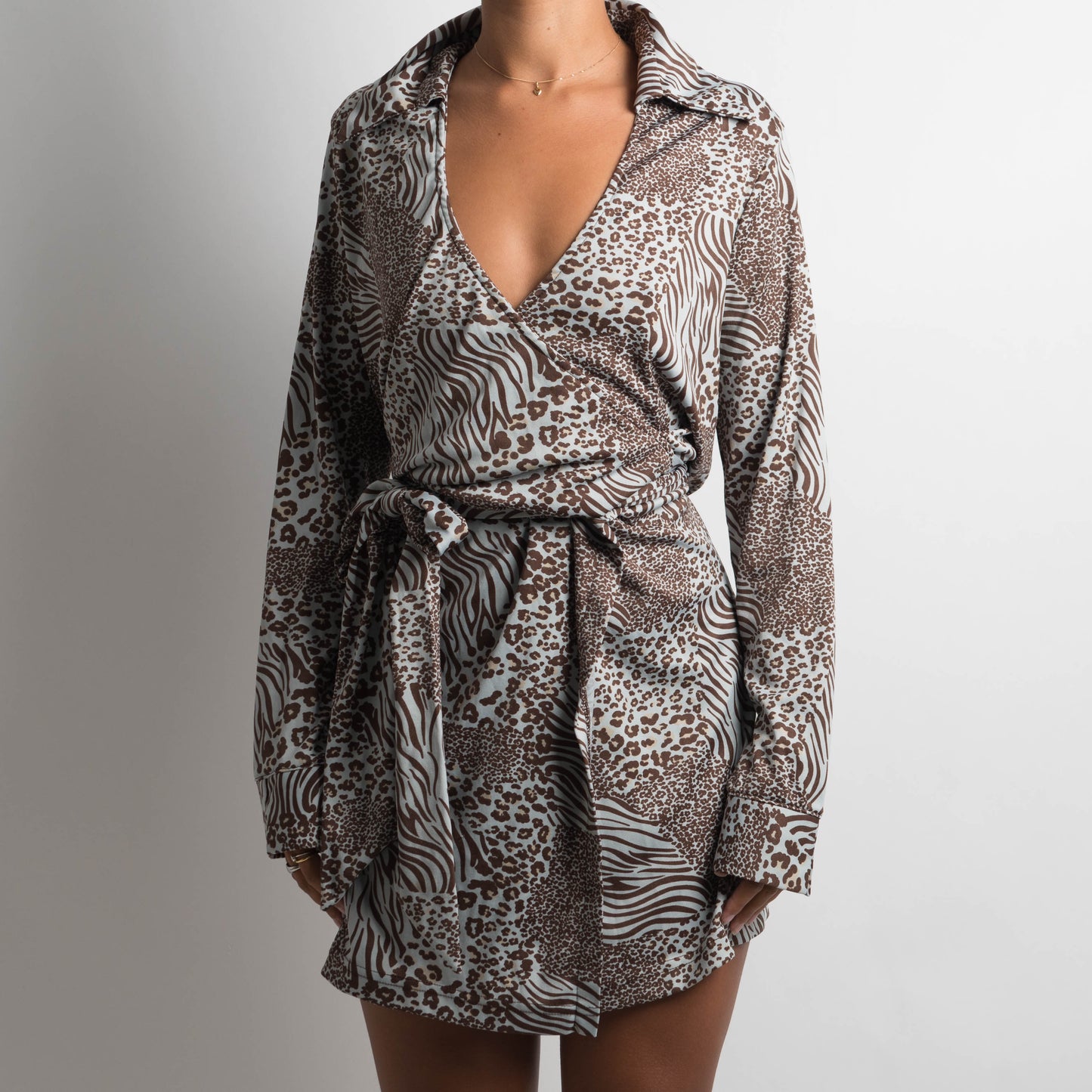 PATTERNED LONG SLEEVE WRAP DRESS