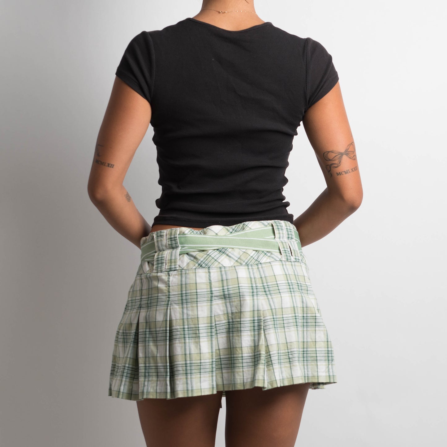 GREEN PLAID PLEATED MINI SKIRT