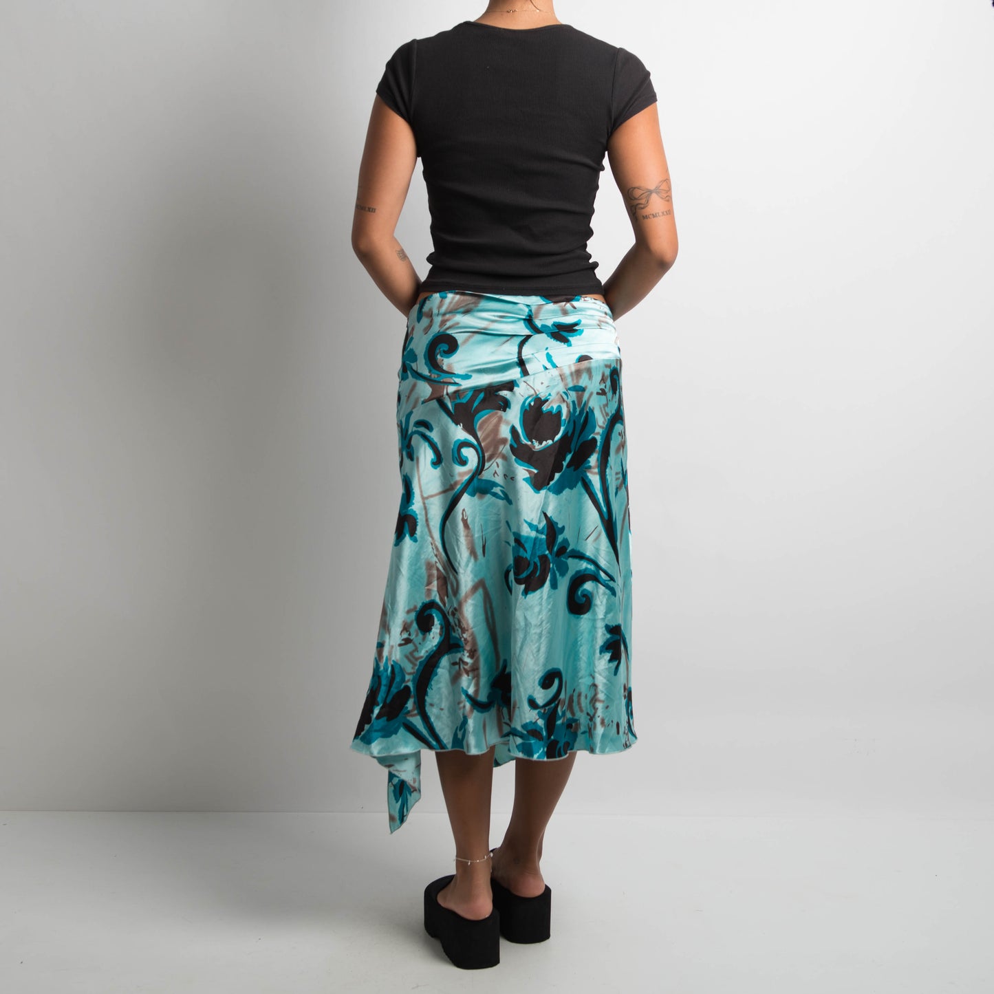 TEAL PATTERNED SATIN MIDI SKIRT