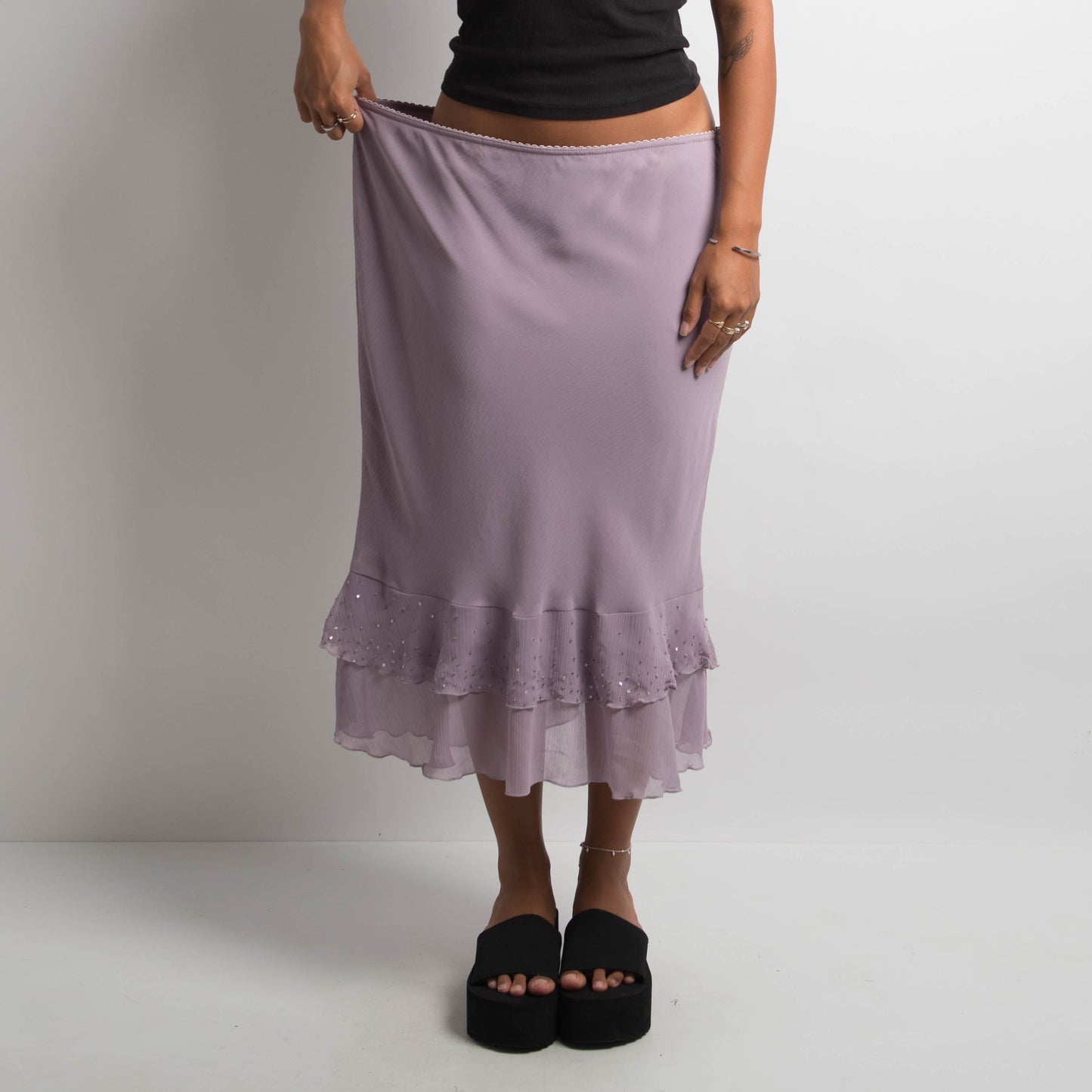 PURPLE RUFFLE MIDI SKIRT