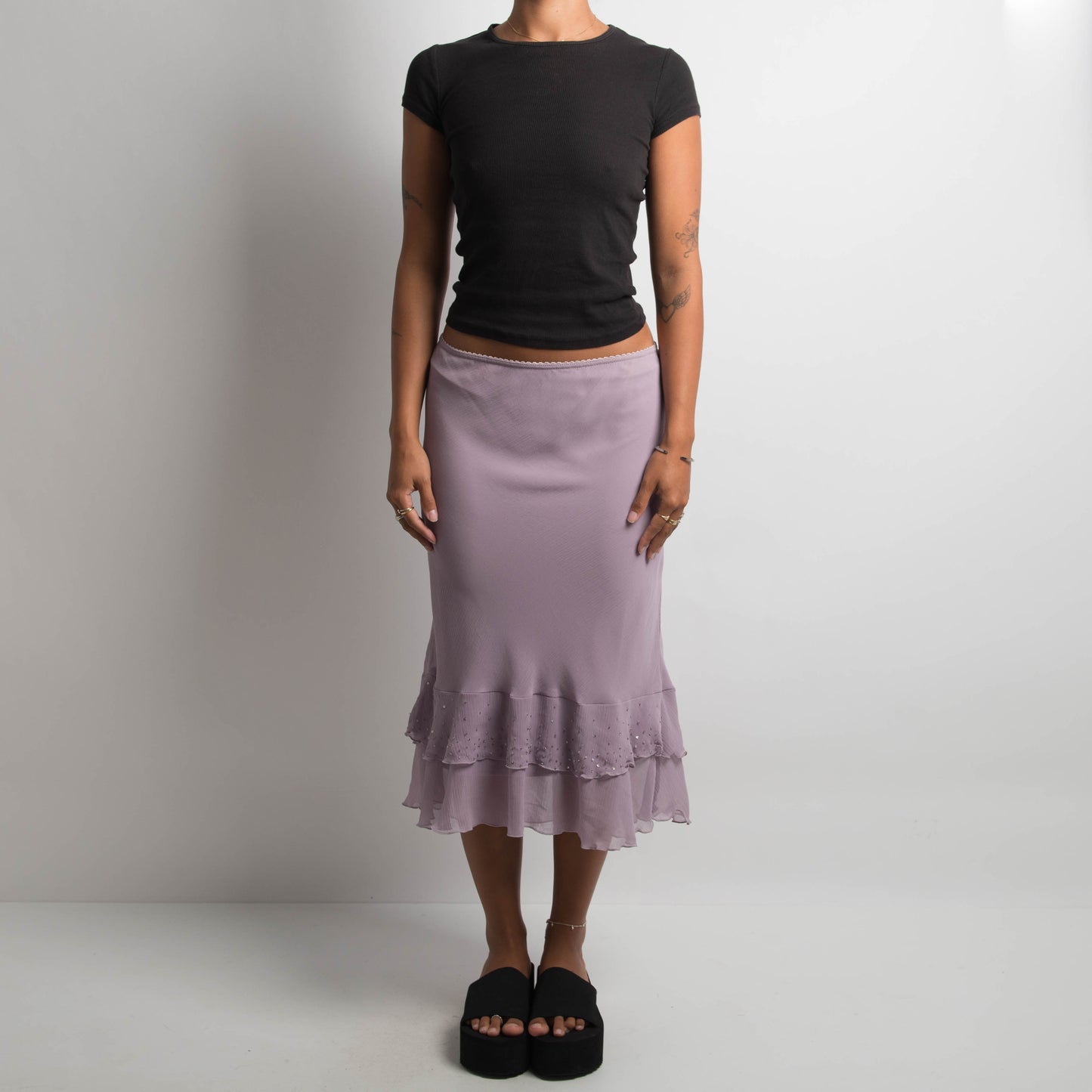 PURPLE RUFFLE MIDI SKIRT