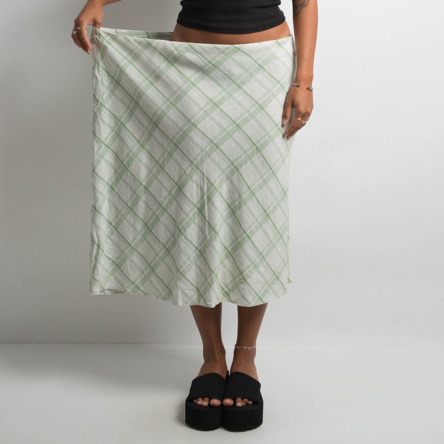 GREEN PLAID LINEN MIDI SKIRT