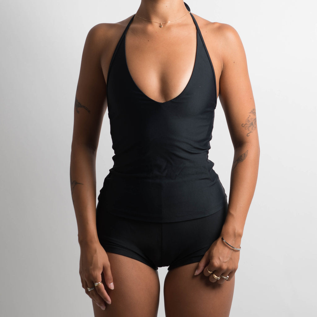 BLACK HALTER TANKINI TOP