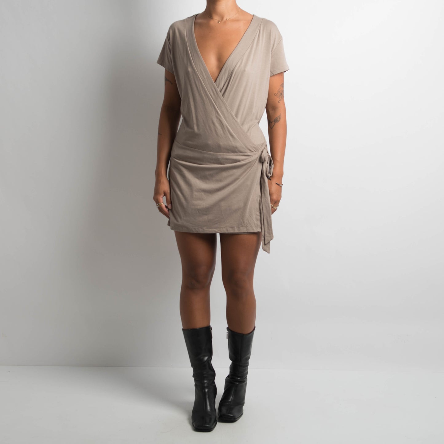 TAUPE WRAP MINI DRESS