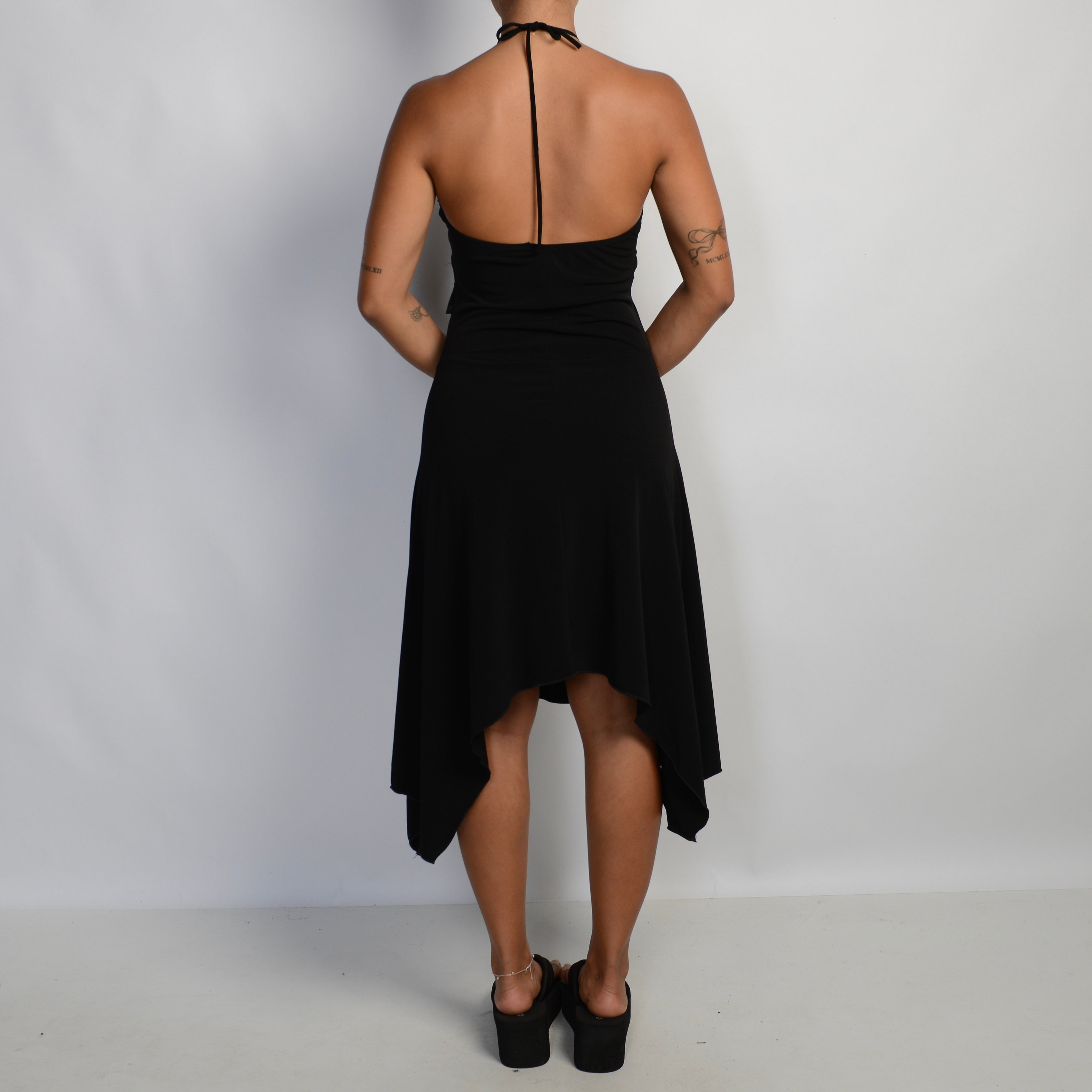 BLACK ASYMMETRIC HALTER DRESS