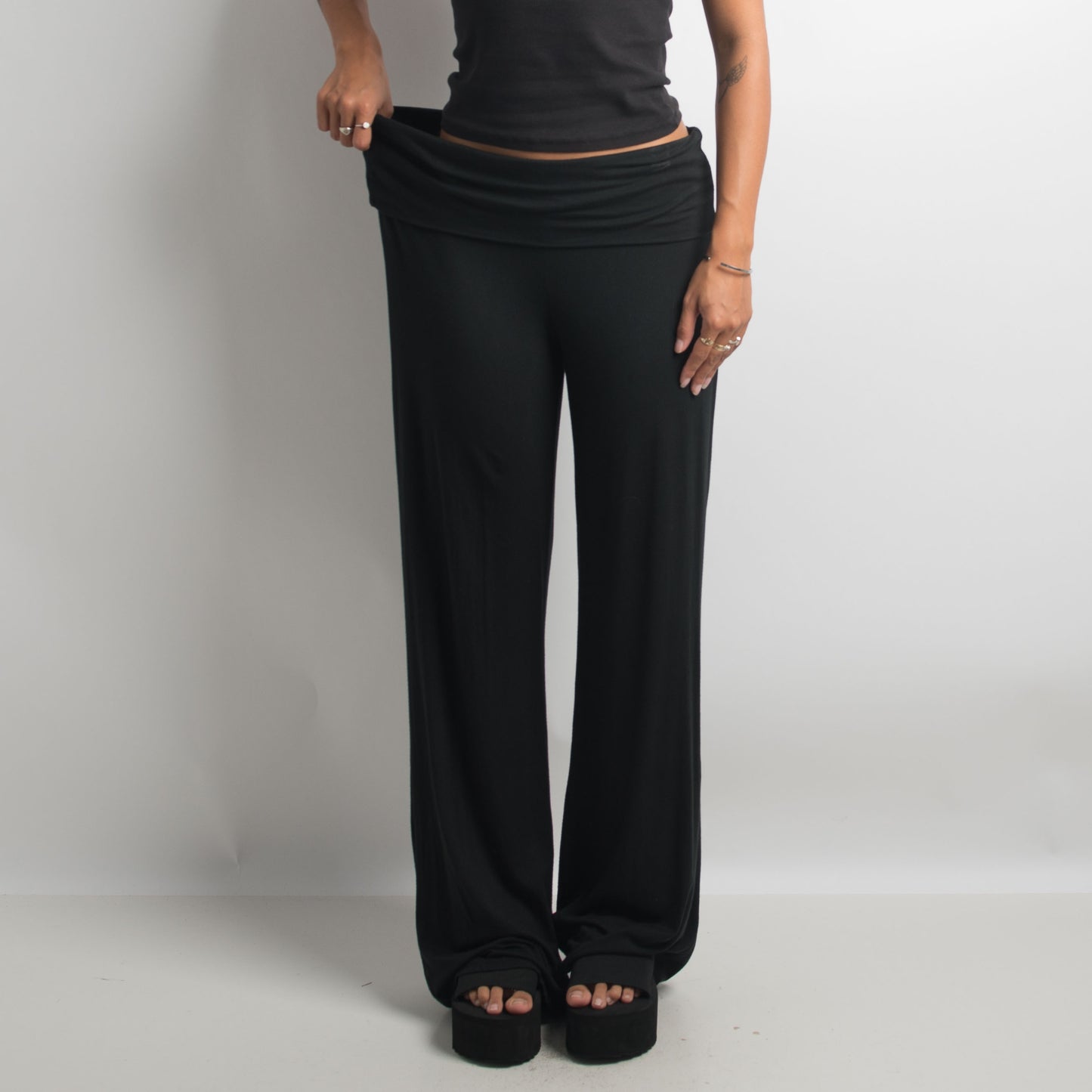 BLACK SLINKY FOLD OVER PANTS