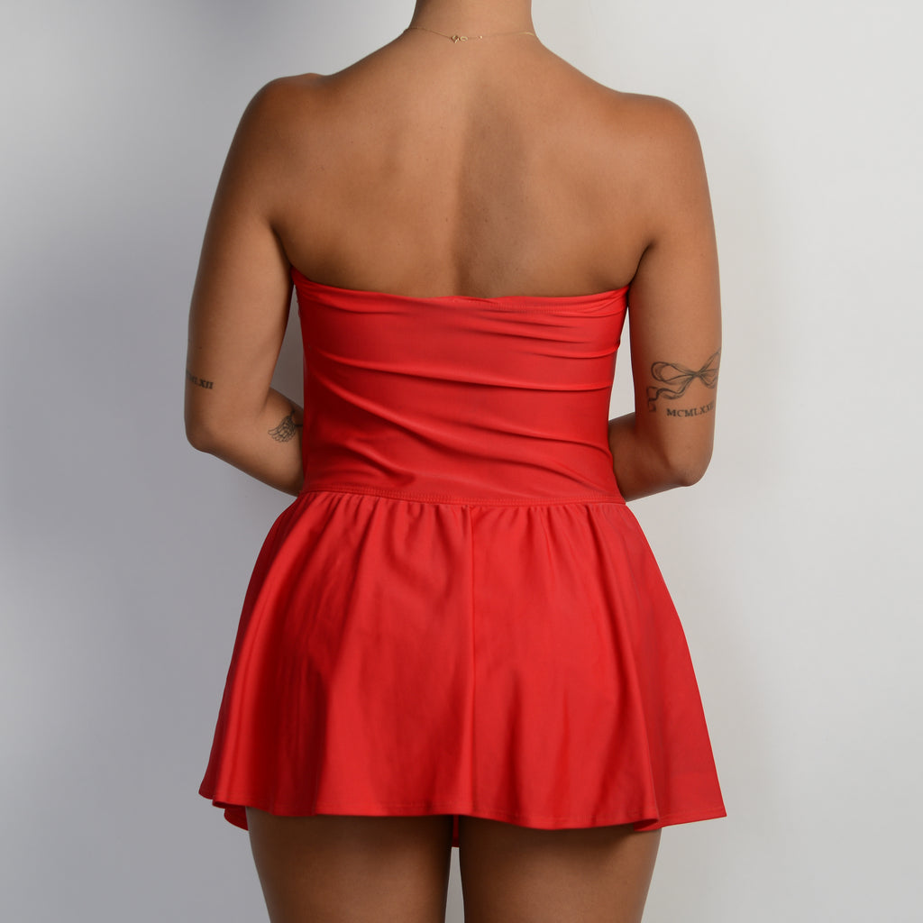 RED STRAPLESS SWIM DRESS