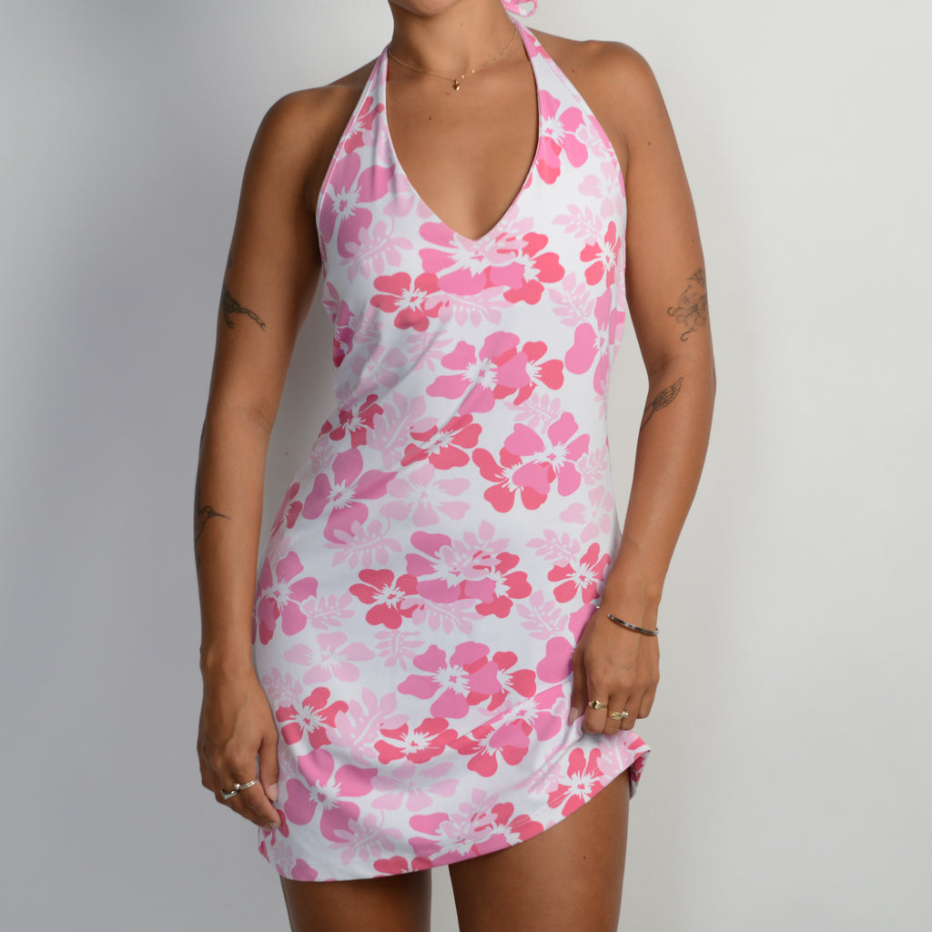 PINK HIBISCUS HALTER DRESS