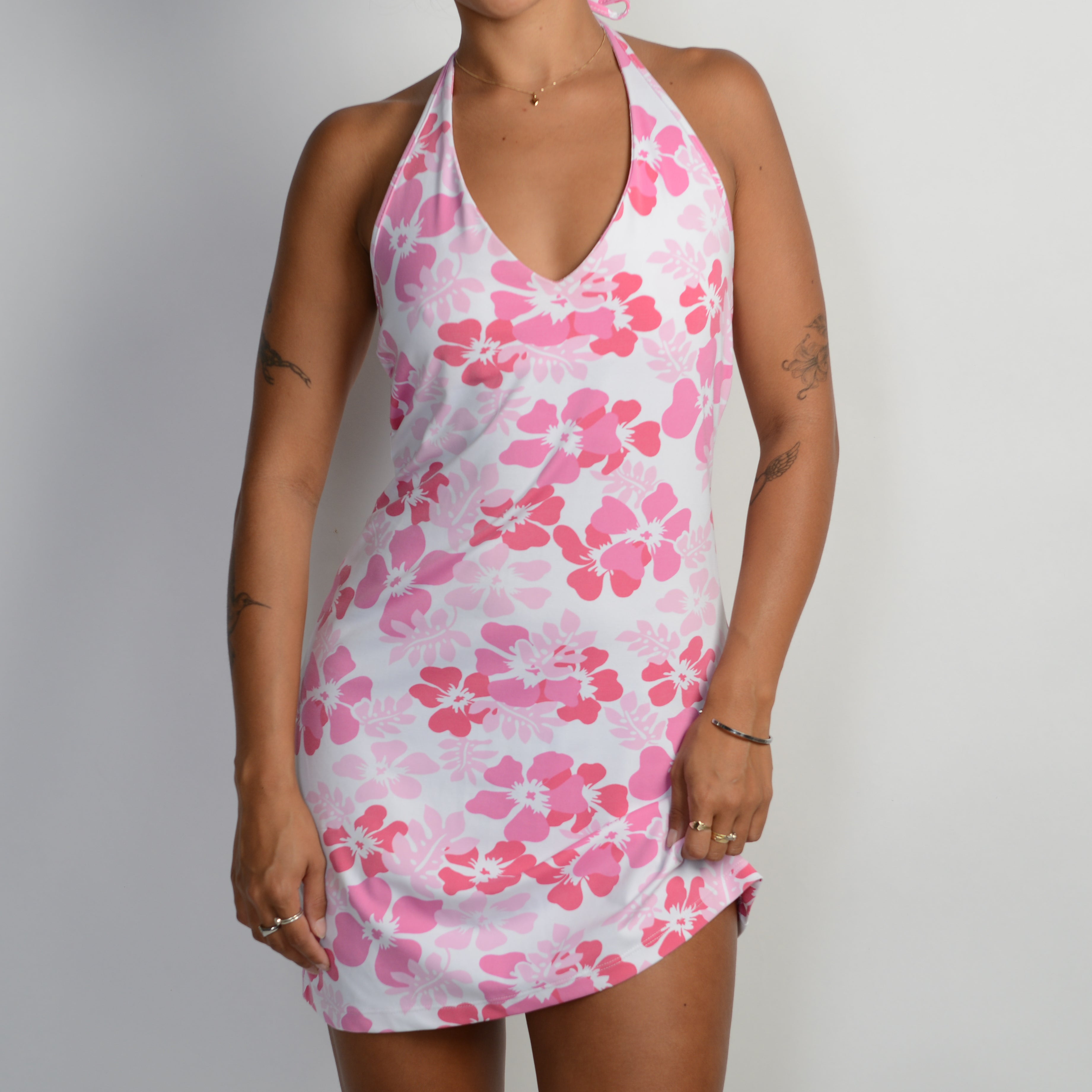 PINK HIBISCUS HALTER DRESS