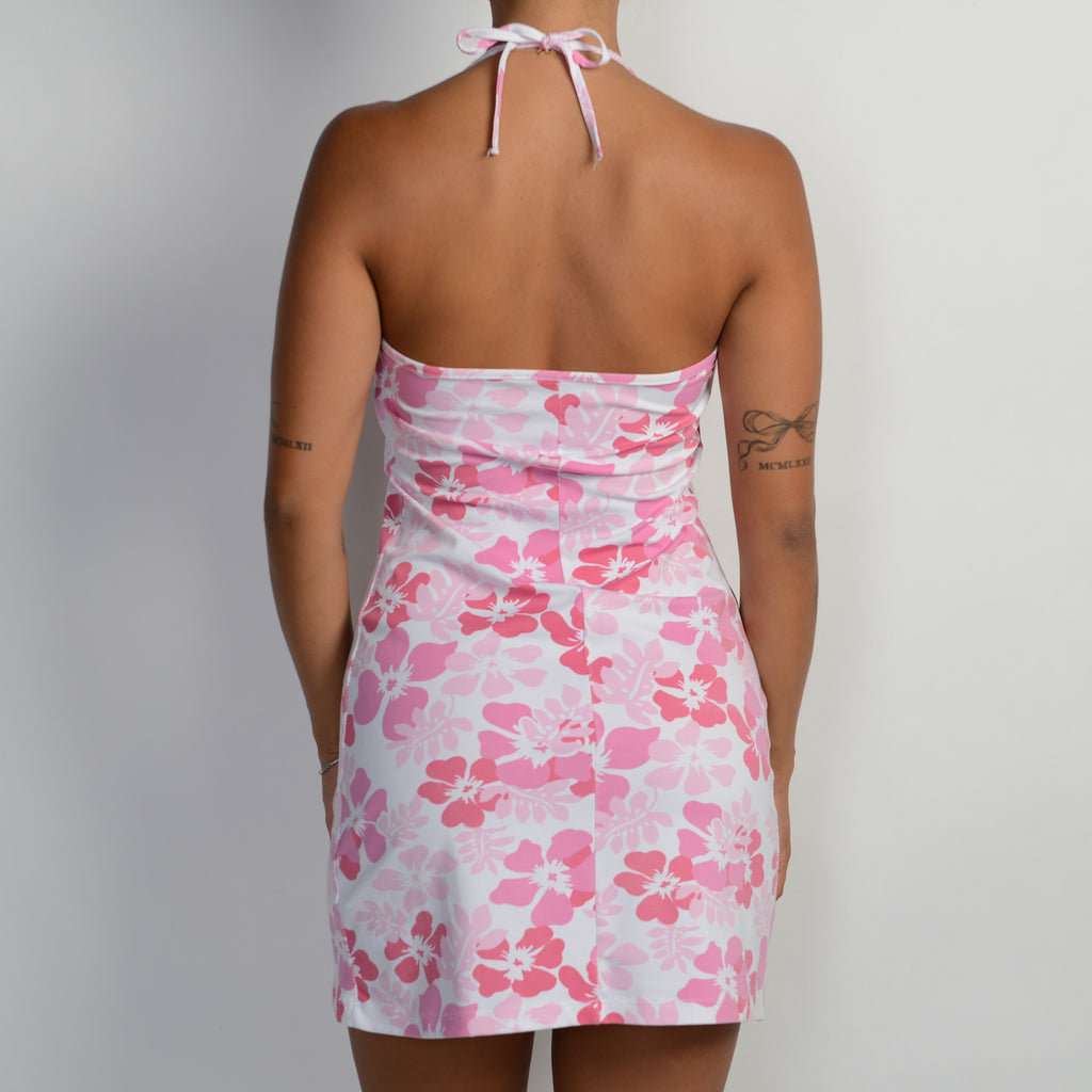 PINK HIBISCUS HALTER DRESS