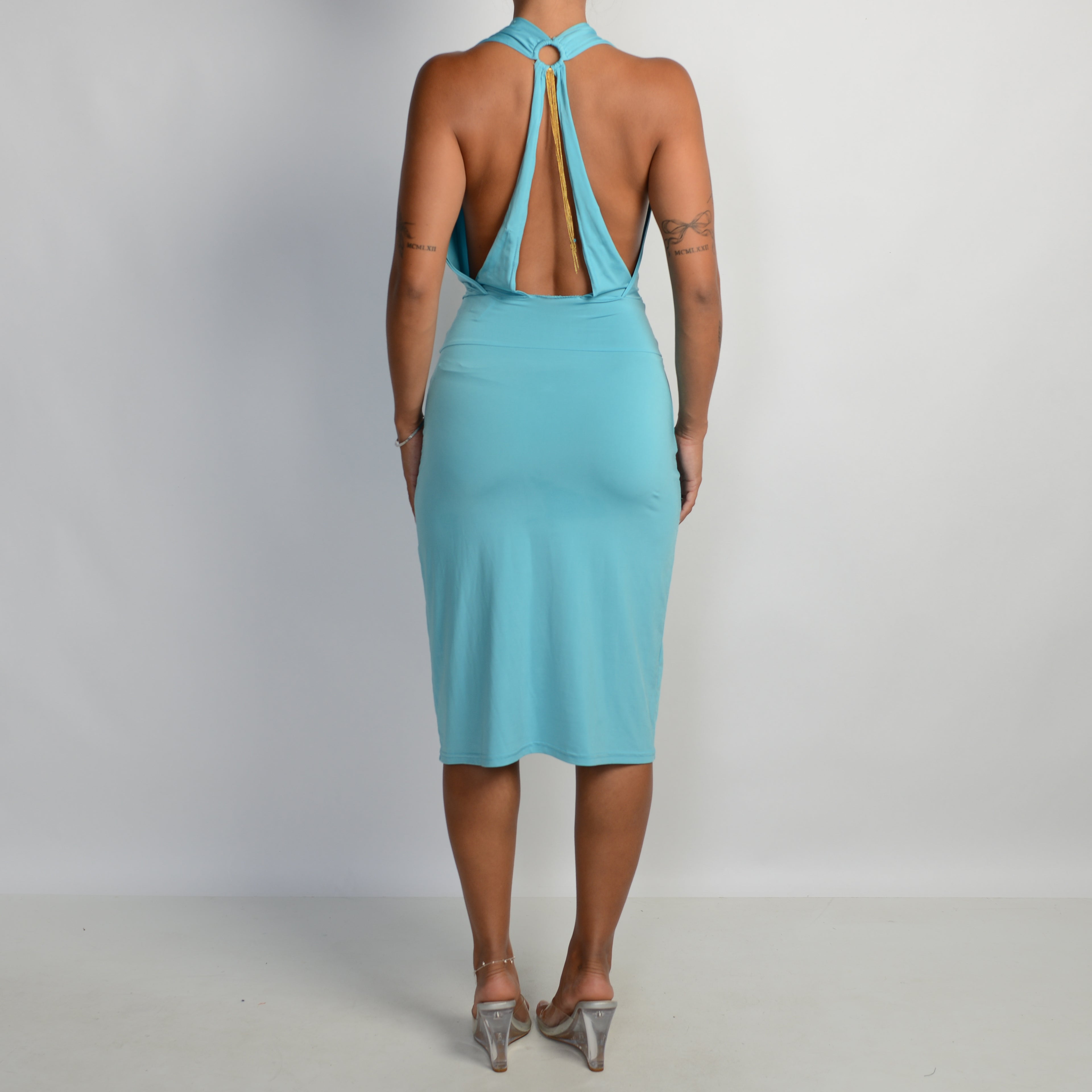 BLUE PLUNGE MIDI DRESS