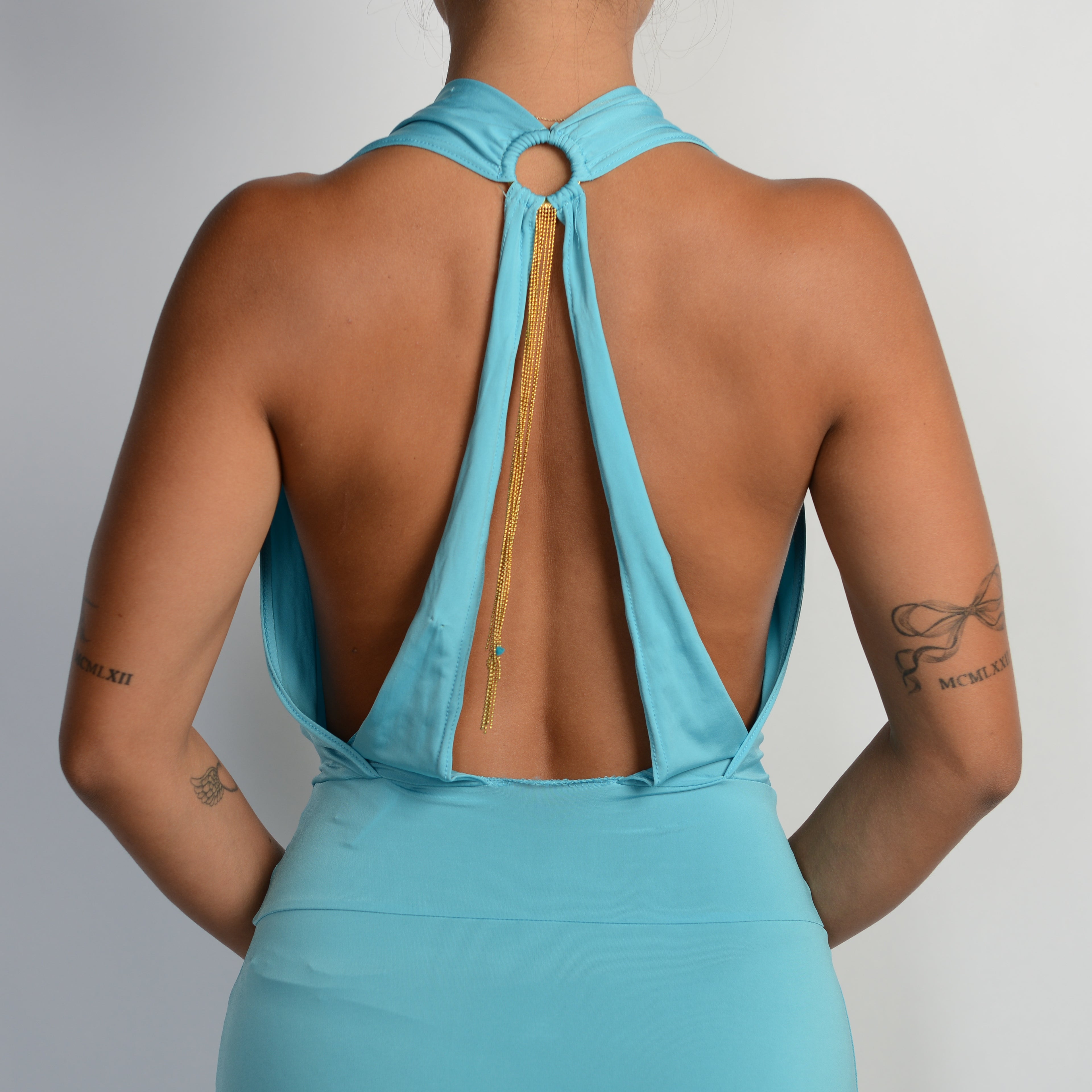 BLUE PLUNGE MIDI DRESS