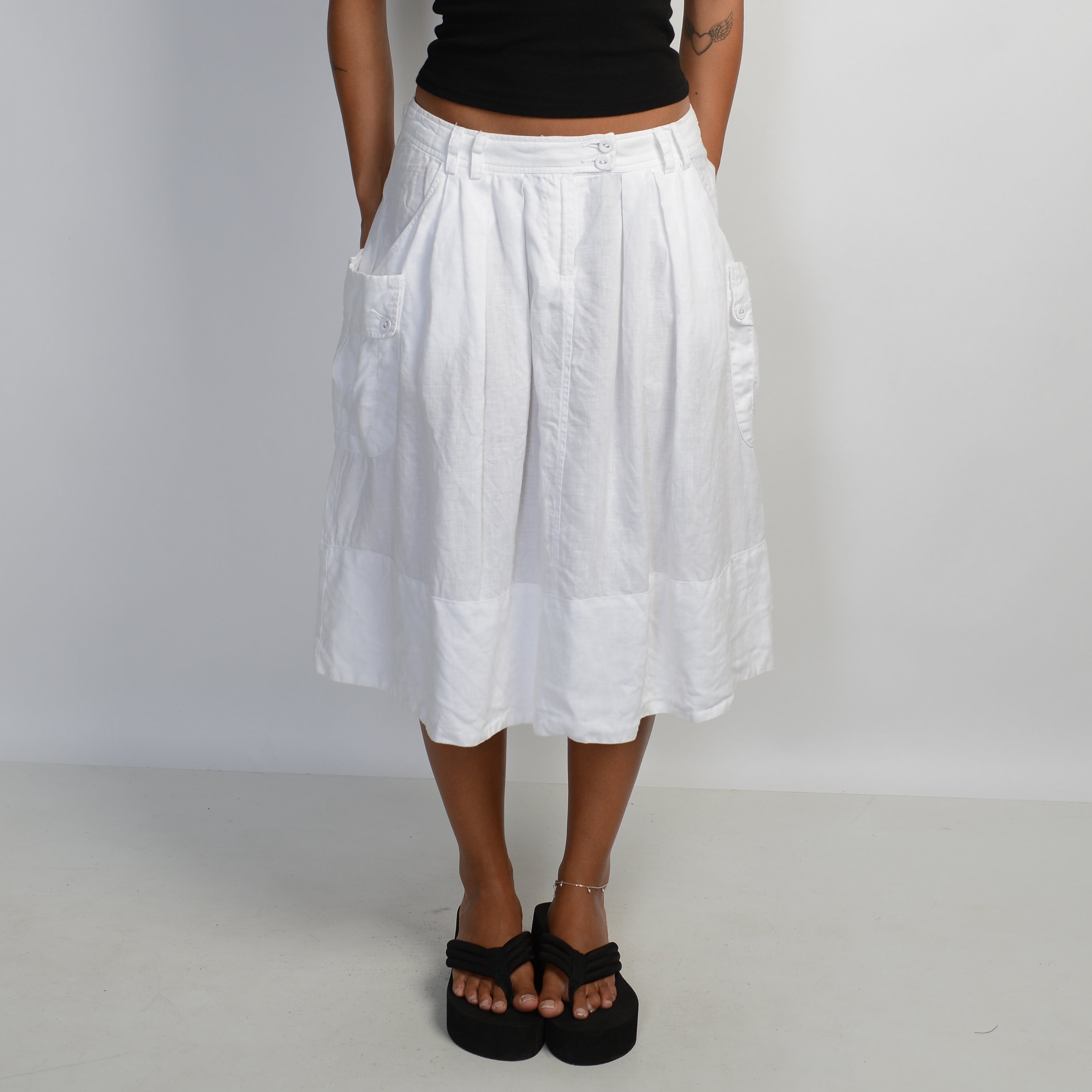 WHITE LINEN MIDI SKIRT