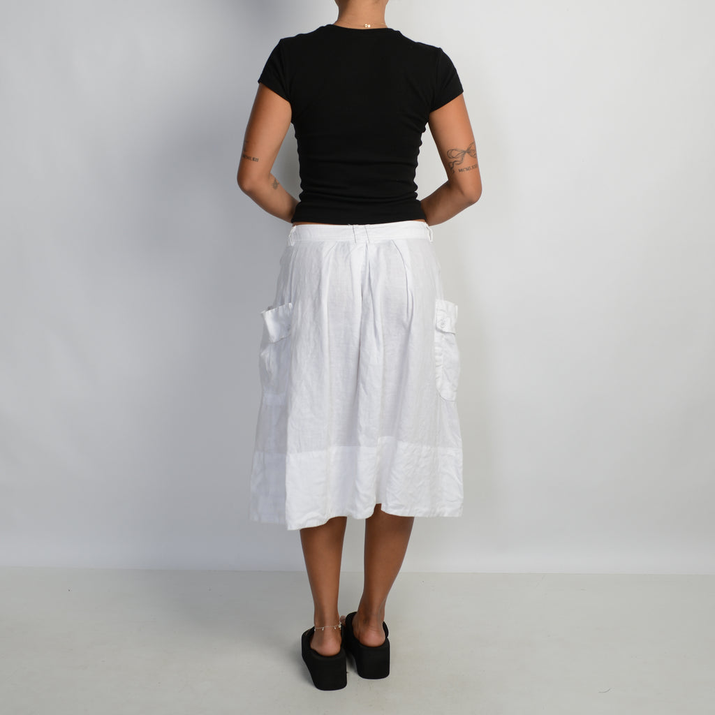 WHITE LINEN MIDI SKIRT