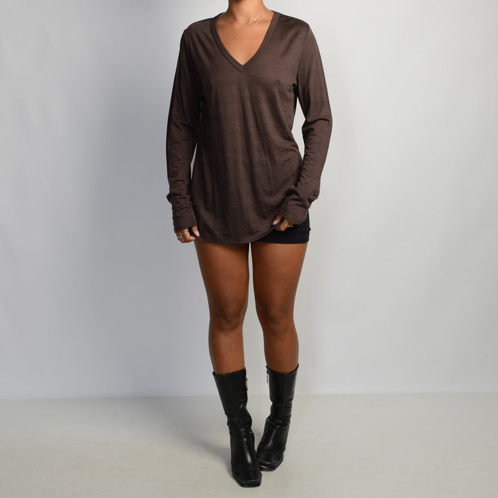 BROWN WOOL V NECK SHIRT