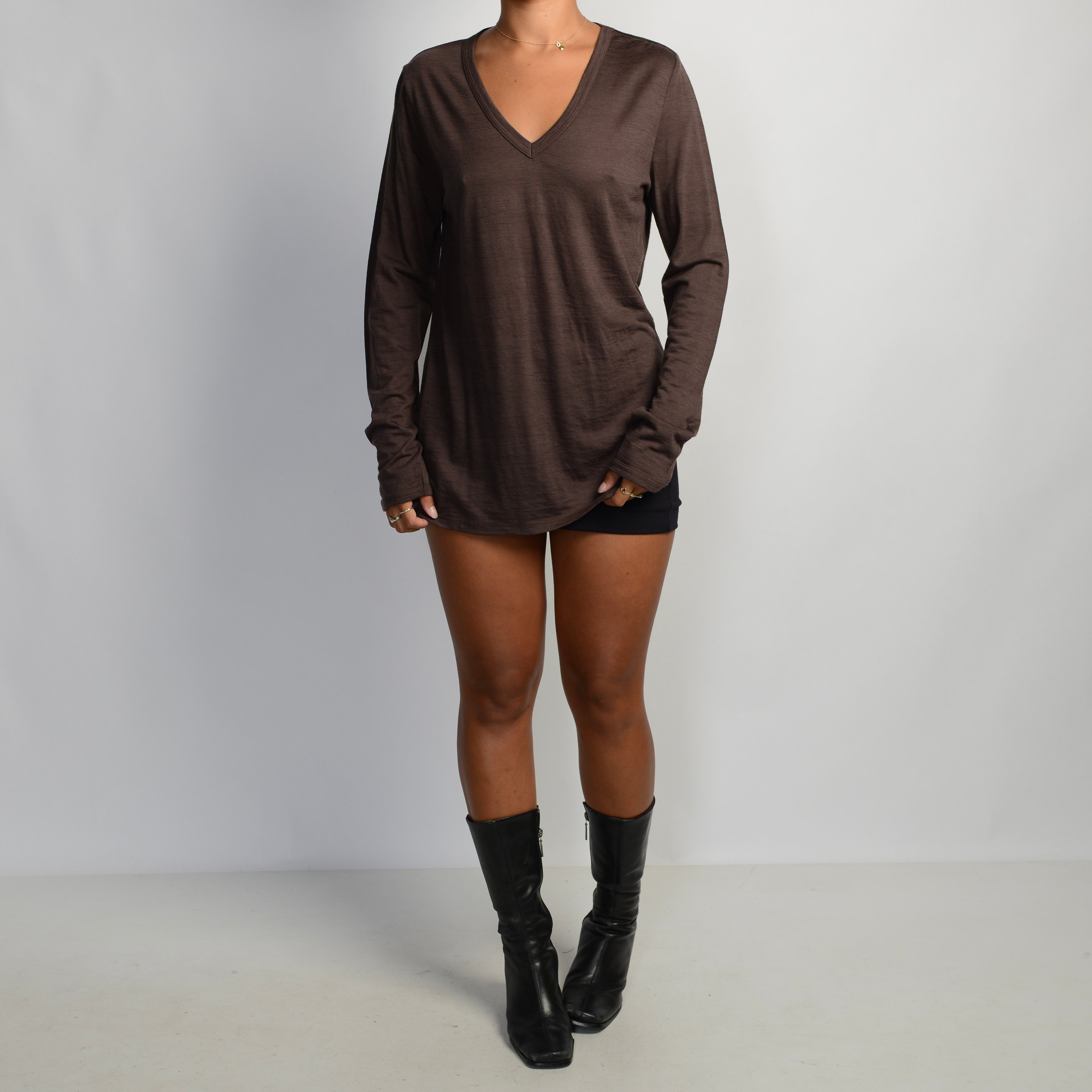 BROWN WOOL V NECK SHIRT