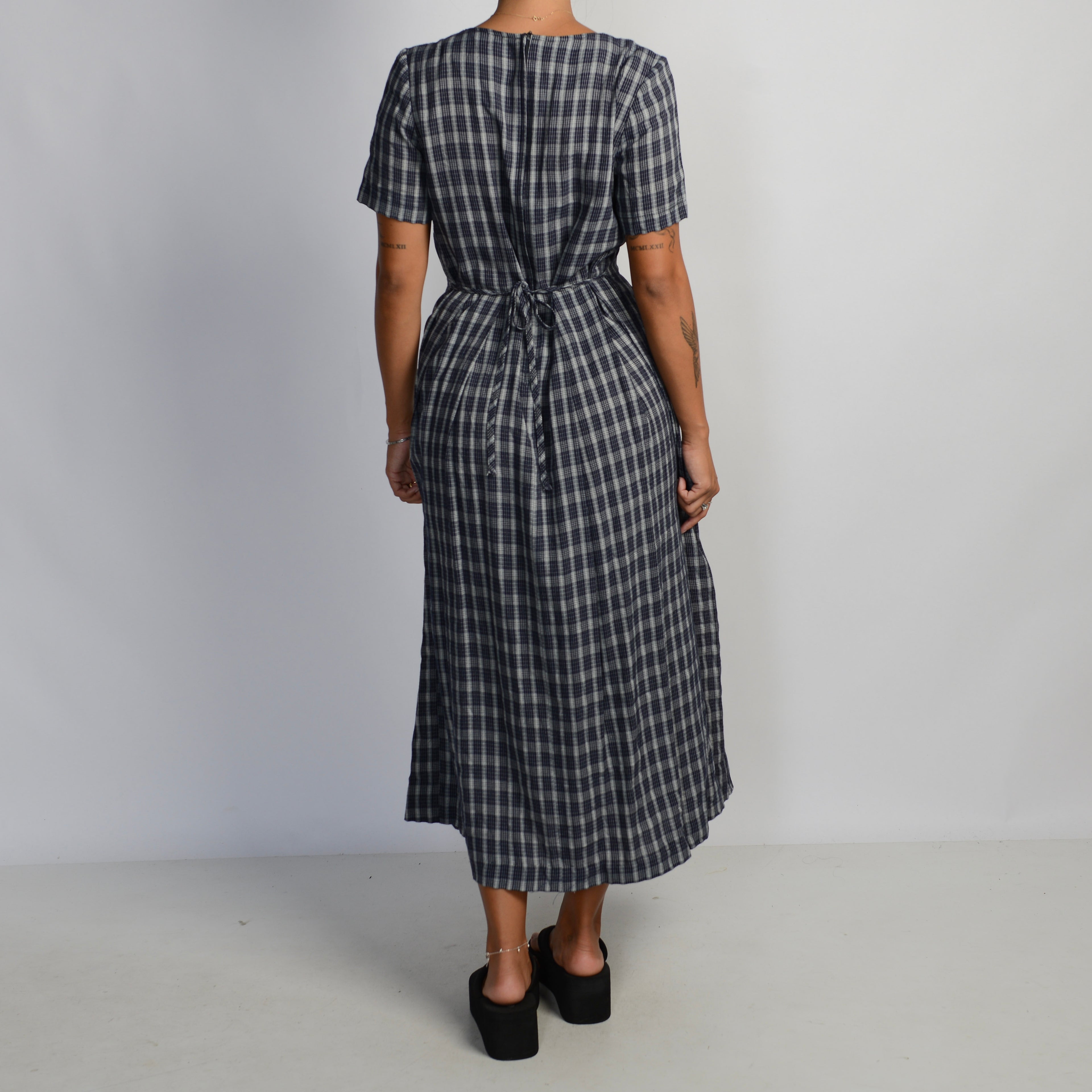 NAVY CHECK MIDI DRESS