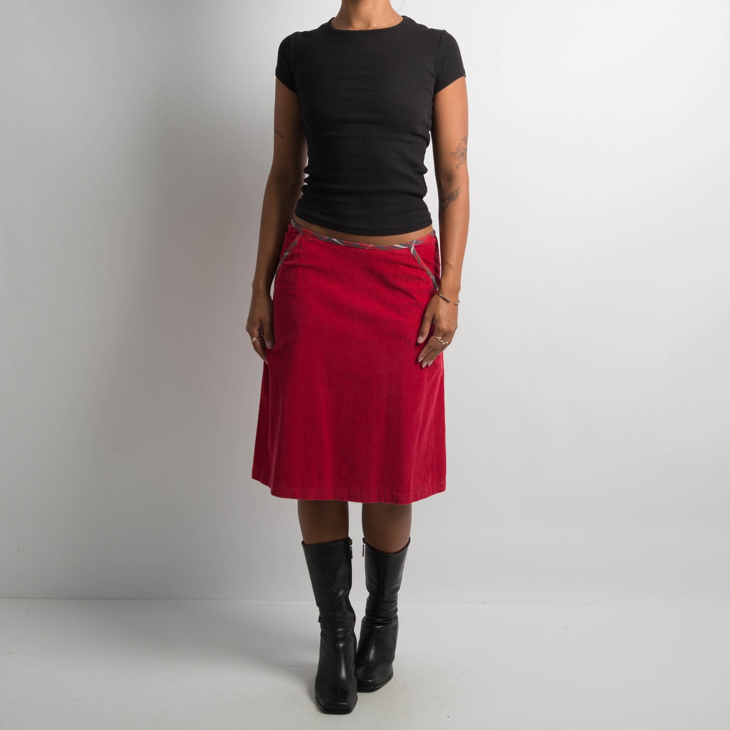 RED CORDUROY MIDI SKIRT