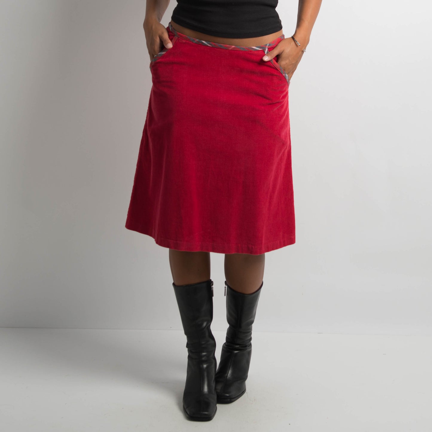 RED CORDUROY MIDI SKIRT