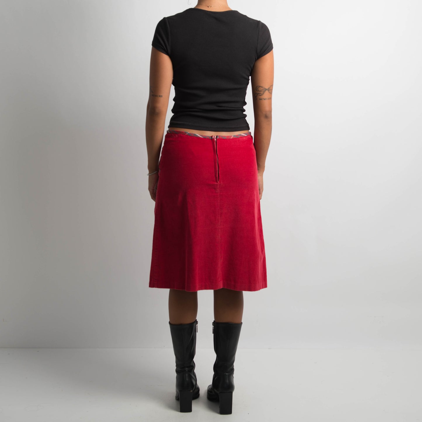 RED CORDUROY MIDI SKIRT