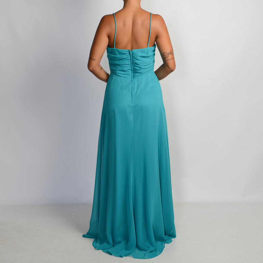 TEAL FRONT SASH GOWN