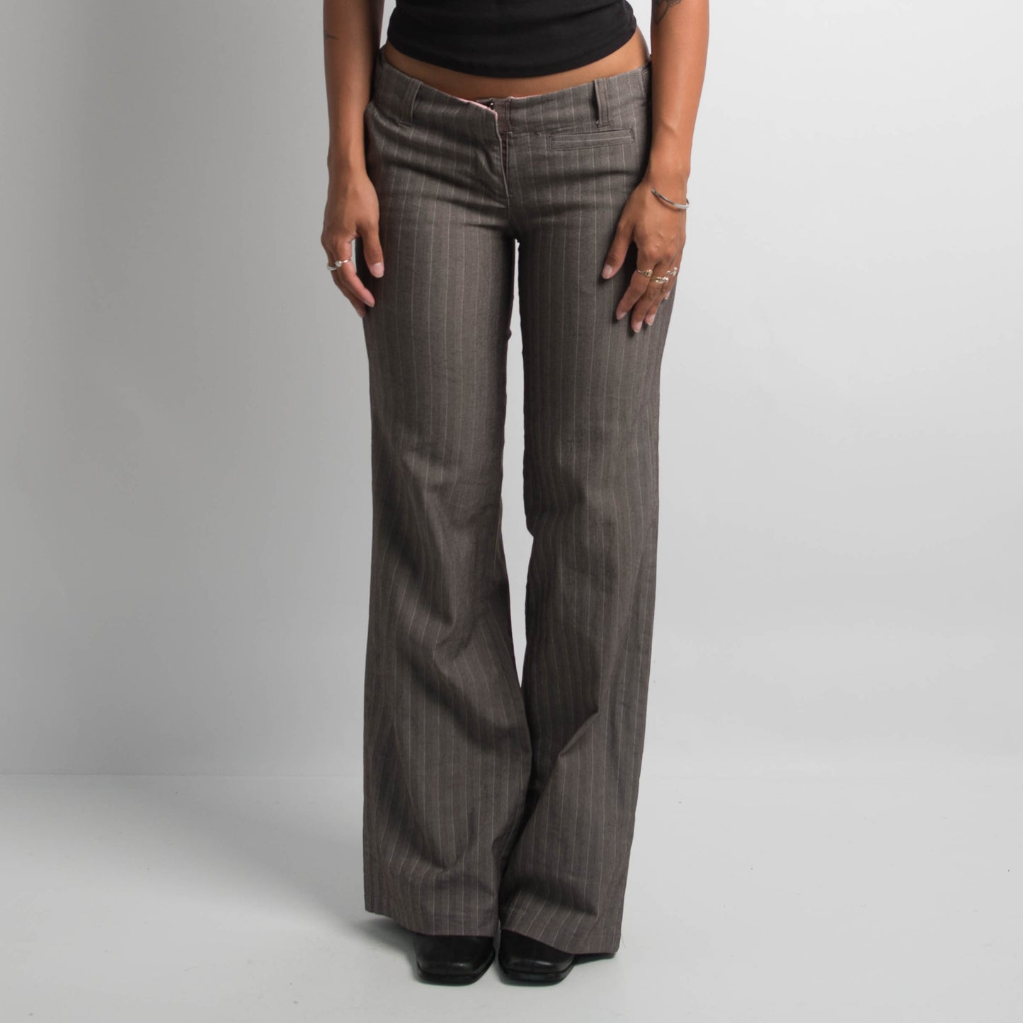 GREY PINSTRIPE FLARED TROUSERS